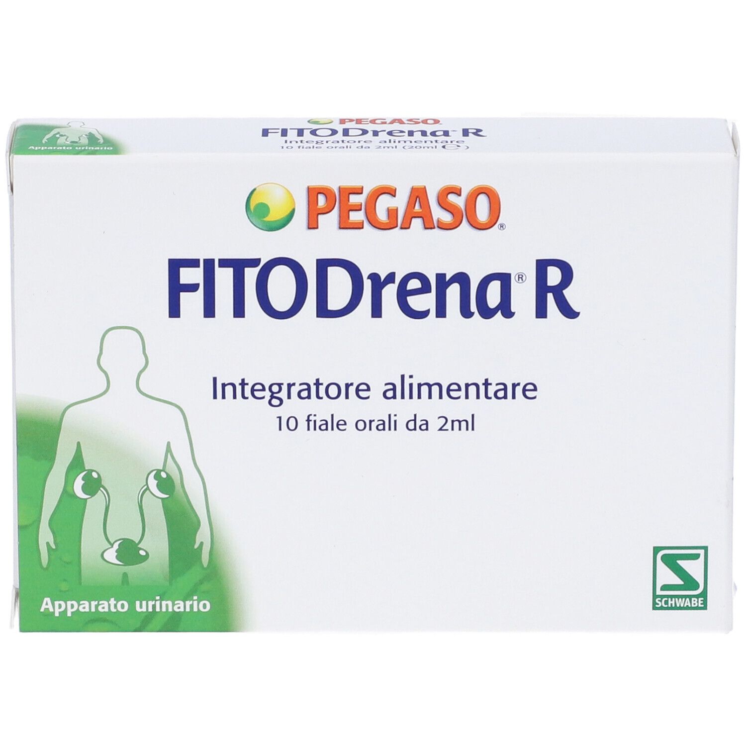 Scatola bianca con nome e logo del prodotto. Testo: Integratore alimentare, 10 Fiale orali da 2ml. Illustrazione dell'apparato urinario.