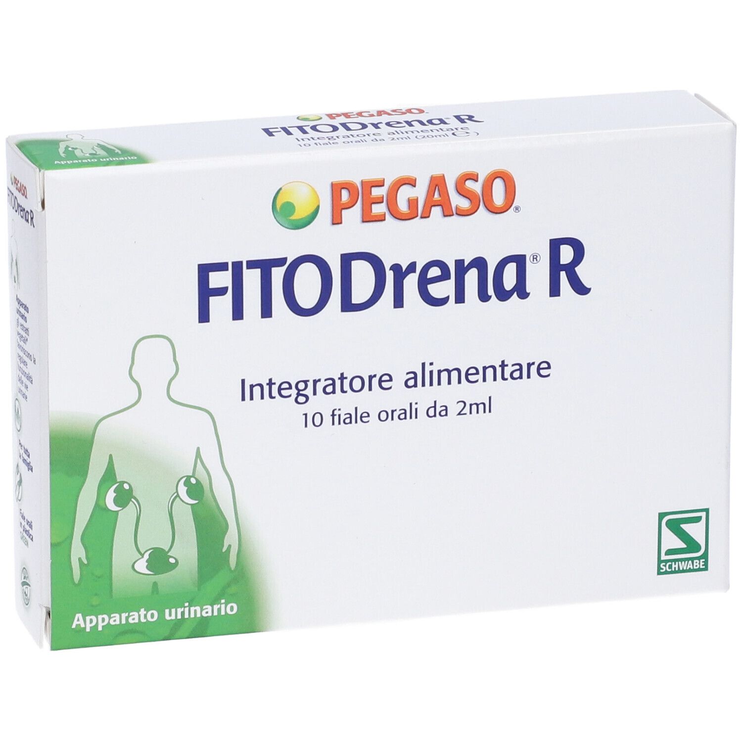 Scatola bianca con nome e logo del prodotto. Testo: Integratore alimentare, 10 Fiale orali da 2ml. Illustrazione dell'apparato urinario.