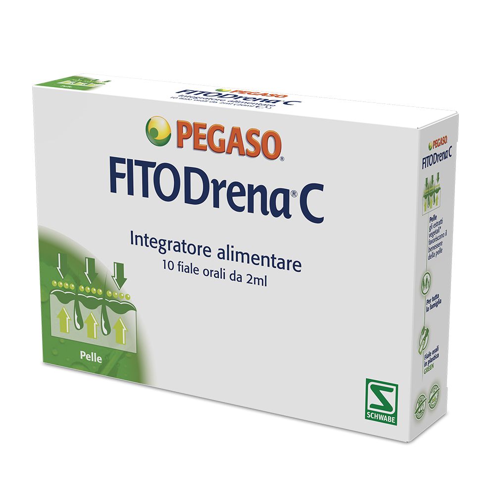 Scatola bianca Pegaso FitoDrena C. Scritta: Integratore alimentare, 10 fiale orali da 2ml. Illustrazione della pelle.