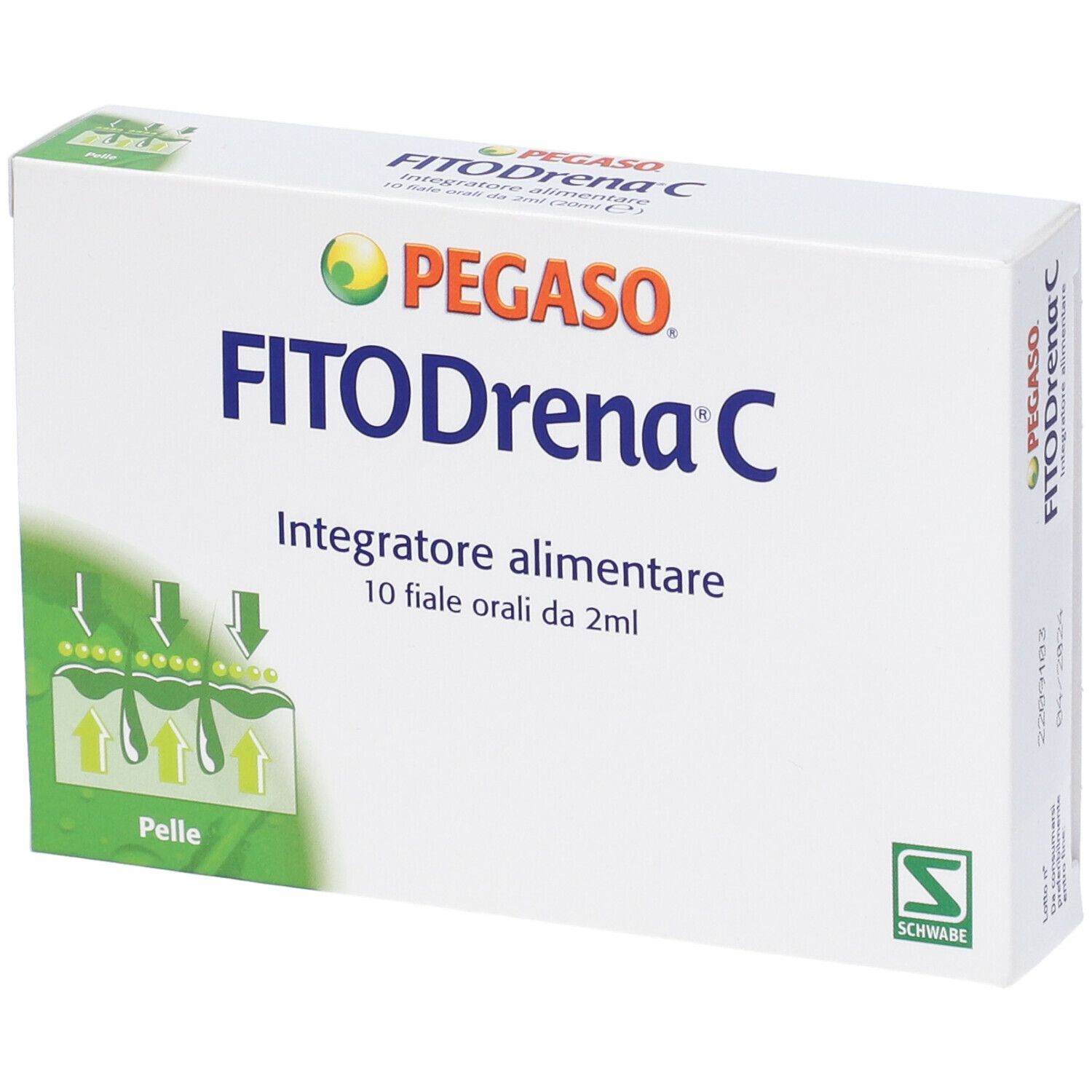 Scatola bianca Pegaso FitoDrena C. Scritta: Integratore alimentare, 10 fiale orali da 2ml. Illustrazione della pelle.