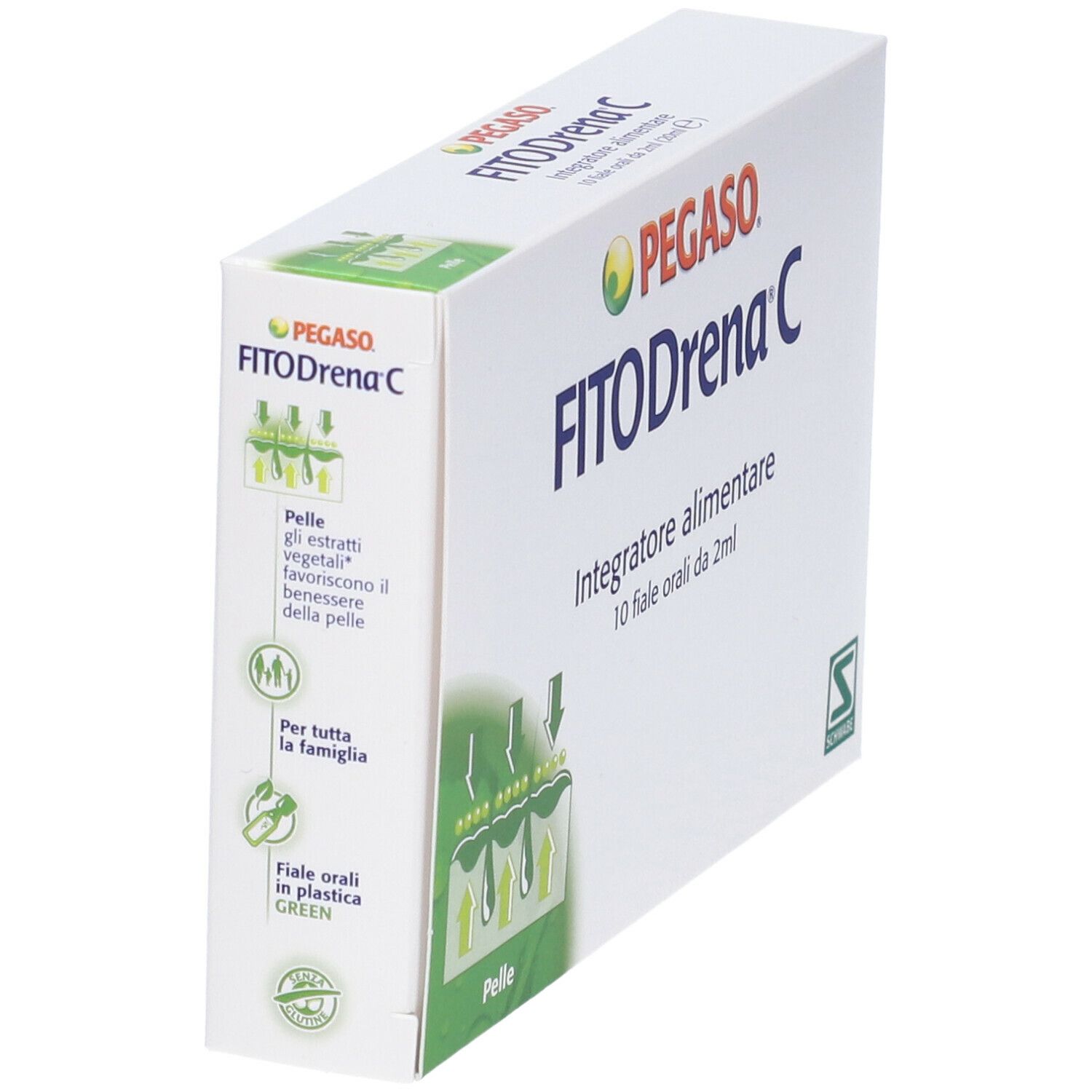 Scatola bianca Pegaso FitoDrena C. Scritta: Integratore alimentare, 10 fiale orali da 2ml. Vista laterale con testo e illustrazioni.