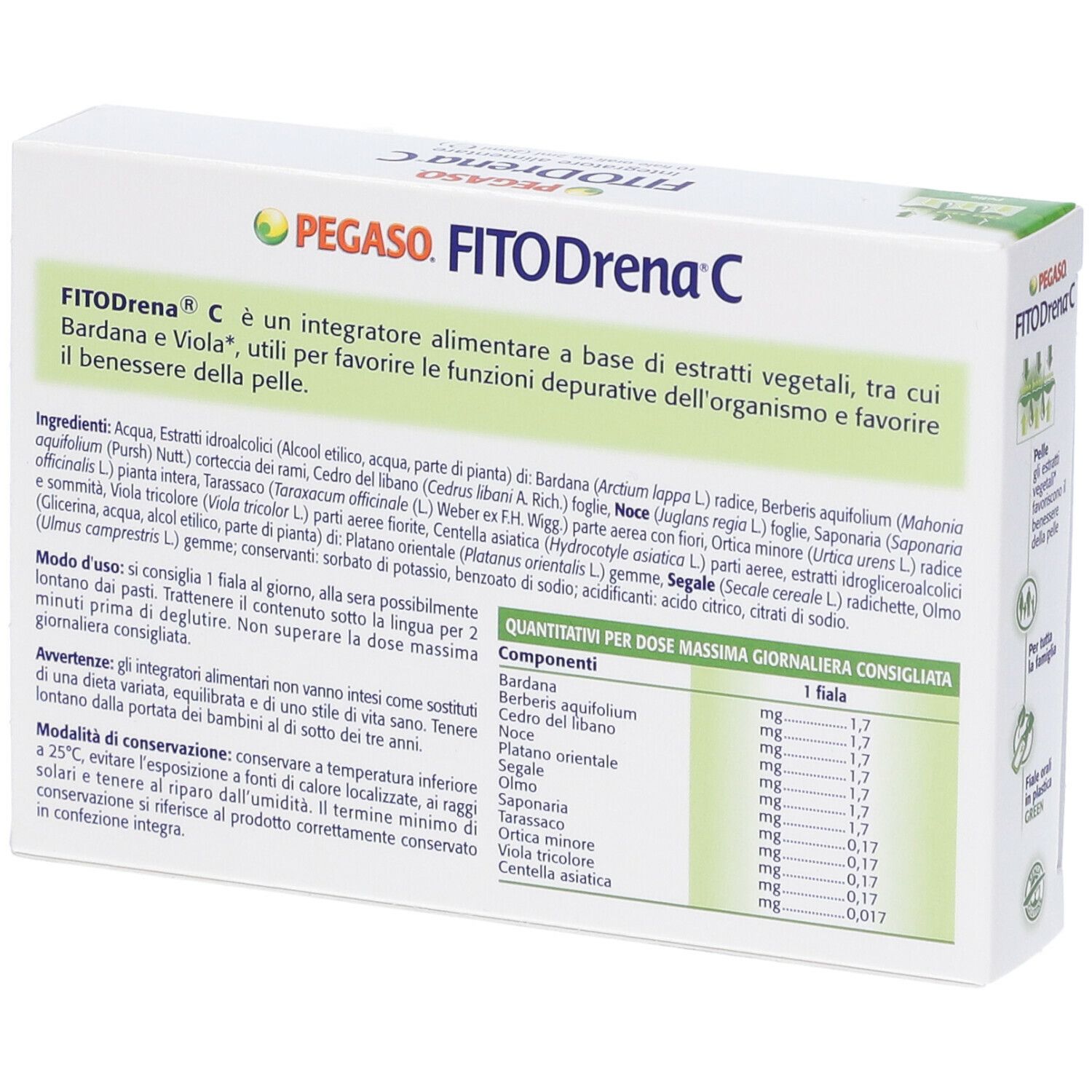 Scatola Pegaso FitoDrena C. Retro con ingredienti e dosaggio. Testo in italiano.