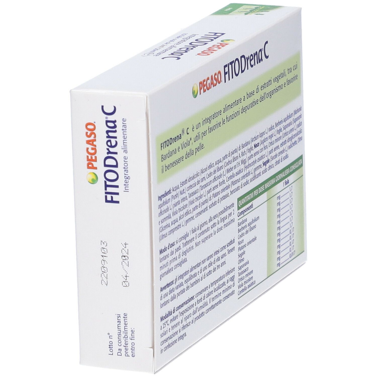 Scatola Pegaso FitoDrena C. Retro con ingredienti e data di scadenza. Testo in italiano.