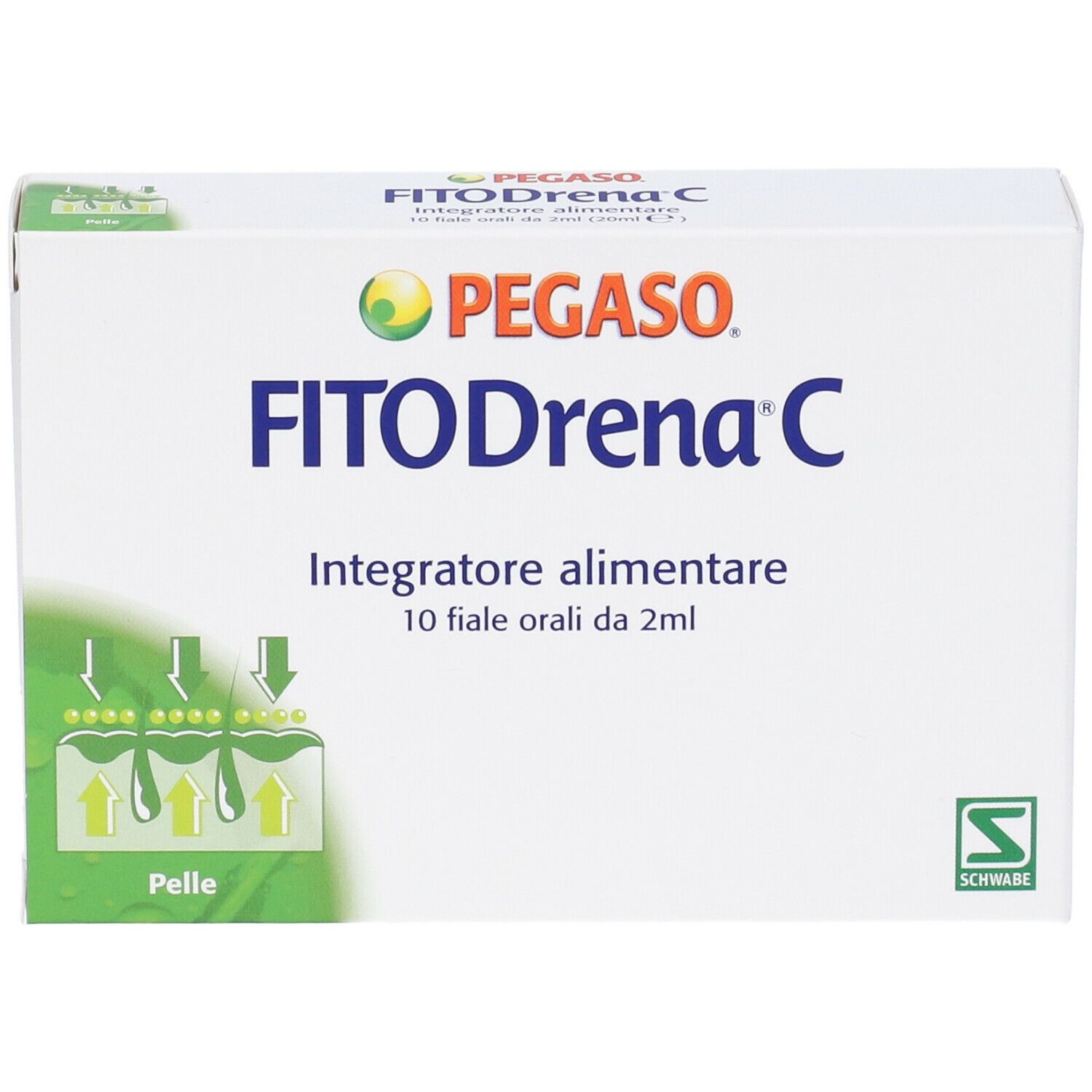 Scatola bianca Pegaso FitoDrena C. Scritta: Integratore alimentare, 10 fiale orali da 2ml. Illustrazione della pelle.