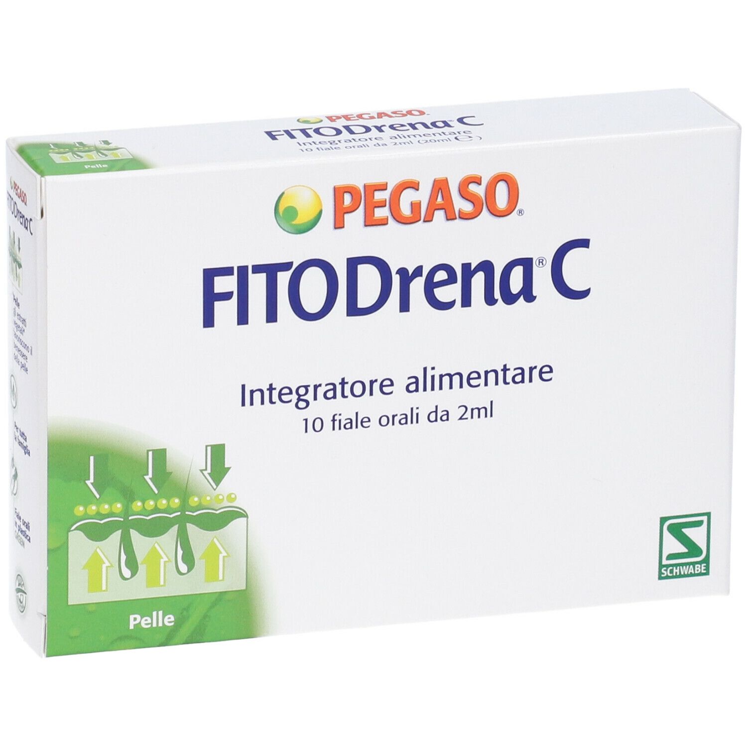 Scatola bianca Pegaso FitoDrena C. Scritta: Integratore alimentare, 10 fiale orali da 2ml. Illustrazione della pelle.