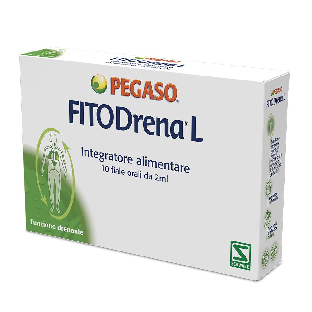 Scatola Pegaso FitoDrena L, integratore alimentare. 10 fiale da 2 ml. Design verde e bianco con logo e testo.