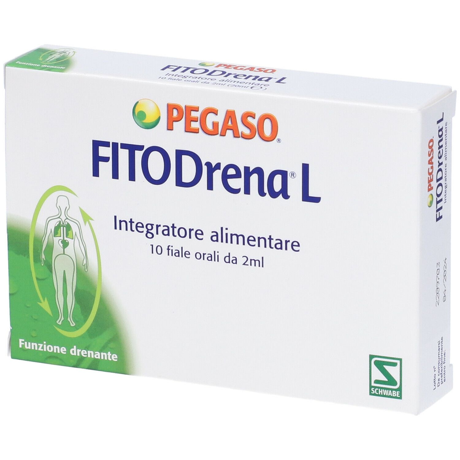 Scatola Pegaso FitoDrena L, integratore alimentare. 10 fiale da 2 ml. Bianco con logo, testo e accenti verdi.