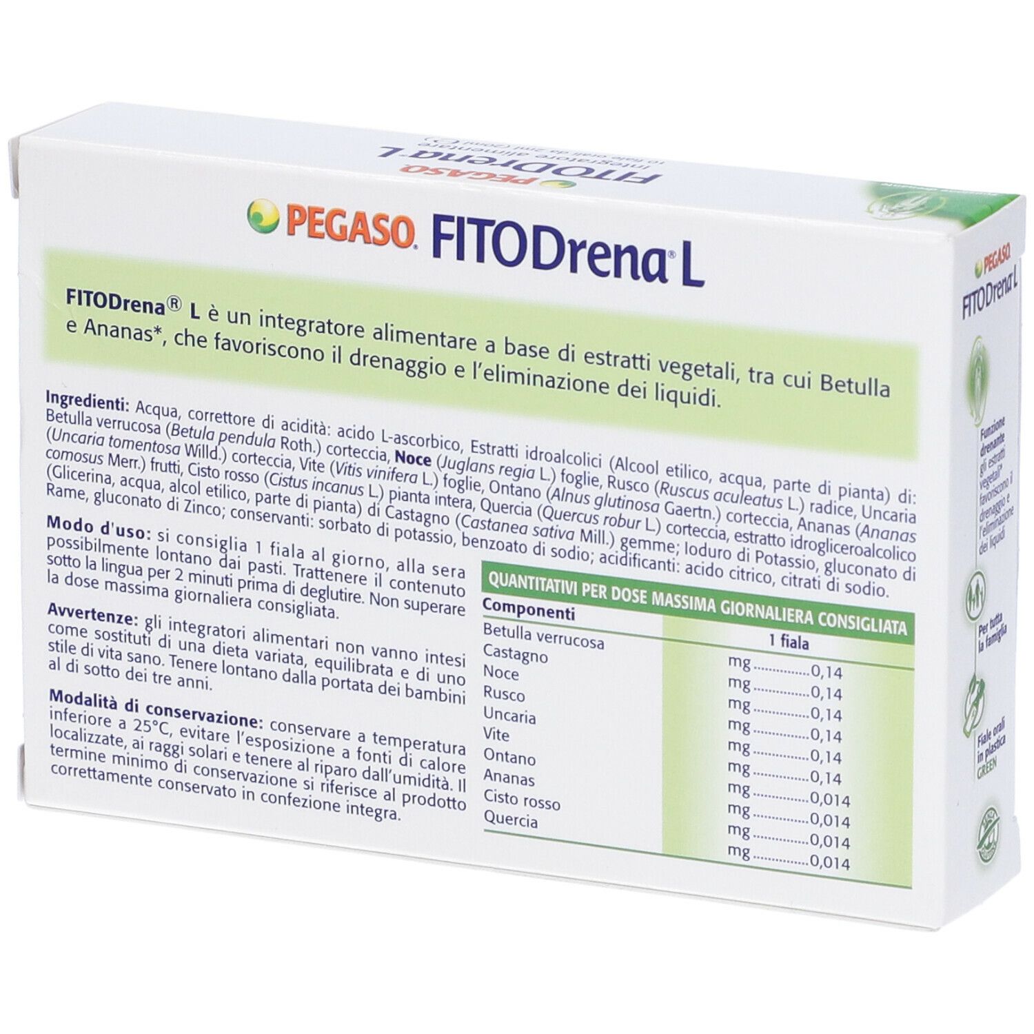 Retro della scatola Pegaso FitoDrena L. Contiene ingredienti, istruzioni per l'uso e informazioni nutrizionali.