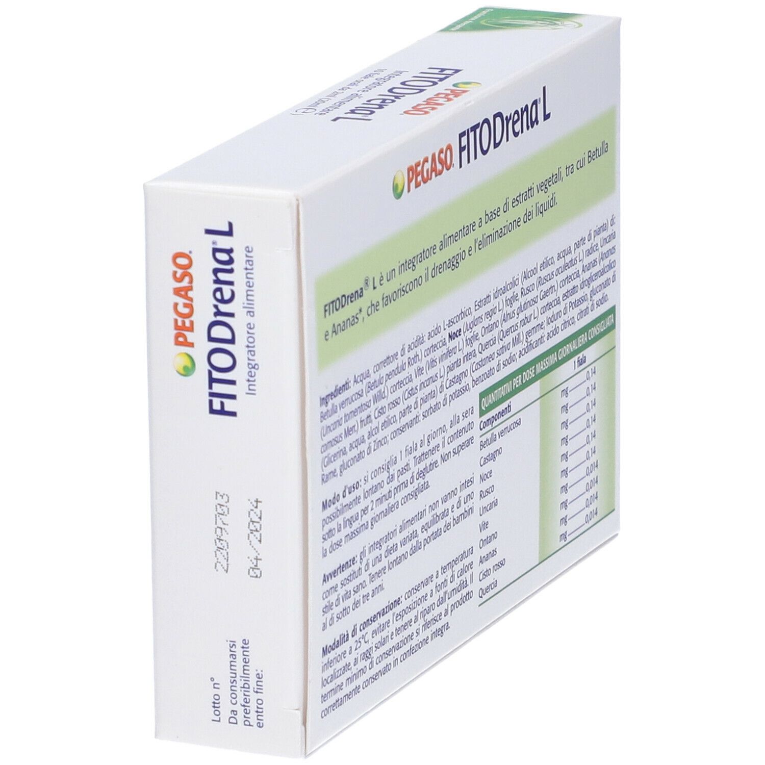 Scatola Pegaso FitoDrena L, integratore alimentare. 10 fiale da 2 ml. Con testo, logo e accenti verdi.