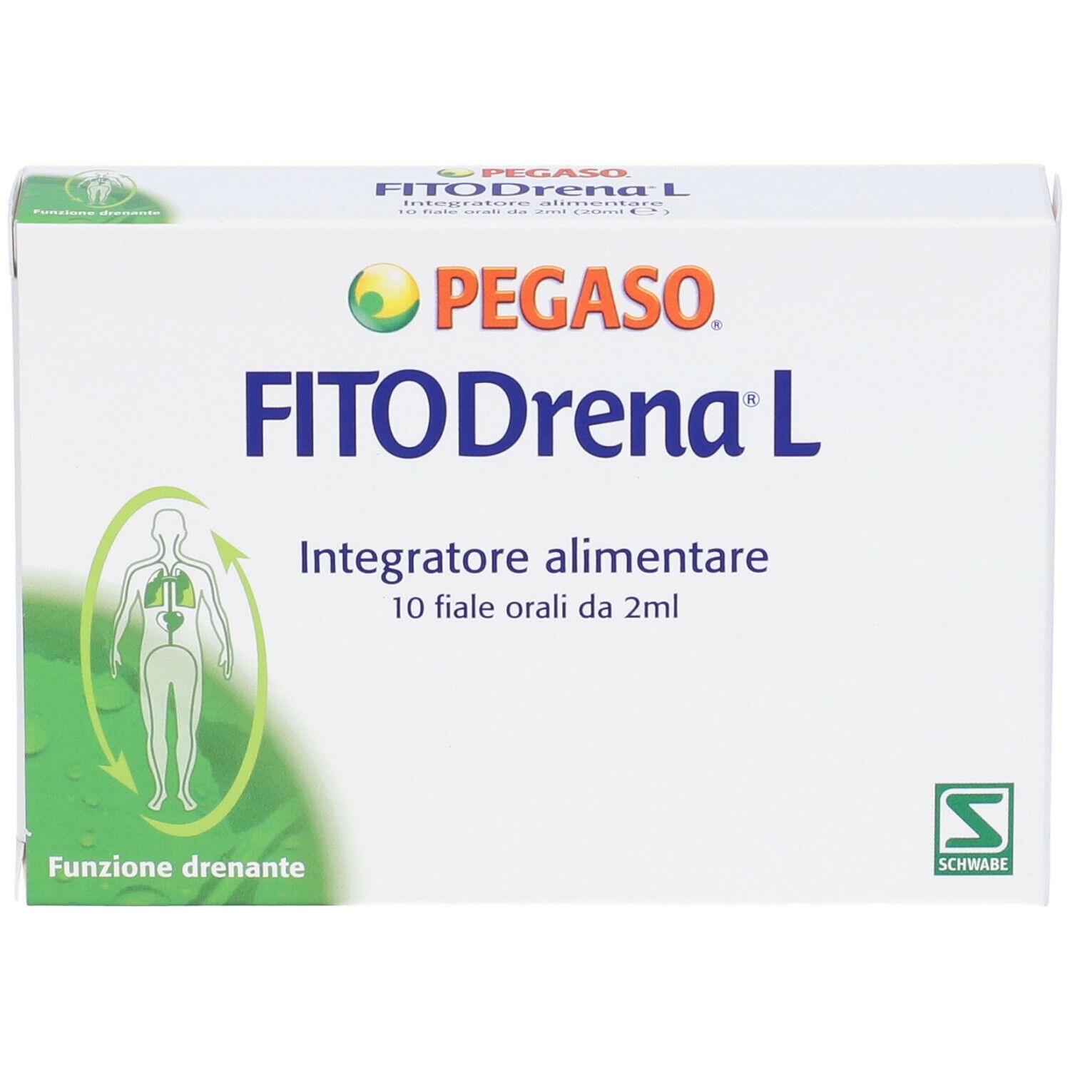 Scatola Pegaso FitoDrena L, integratore alimentare. 10 fiale da 2 ml. Bianco con logo, testo e accenti verdi.