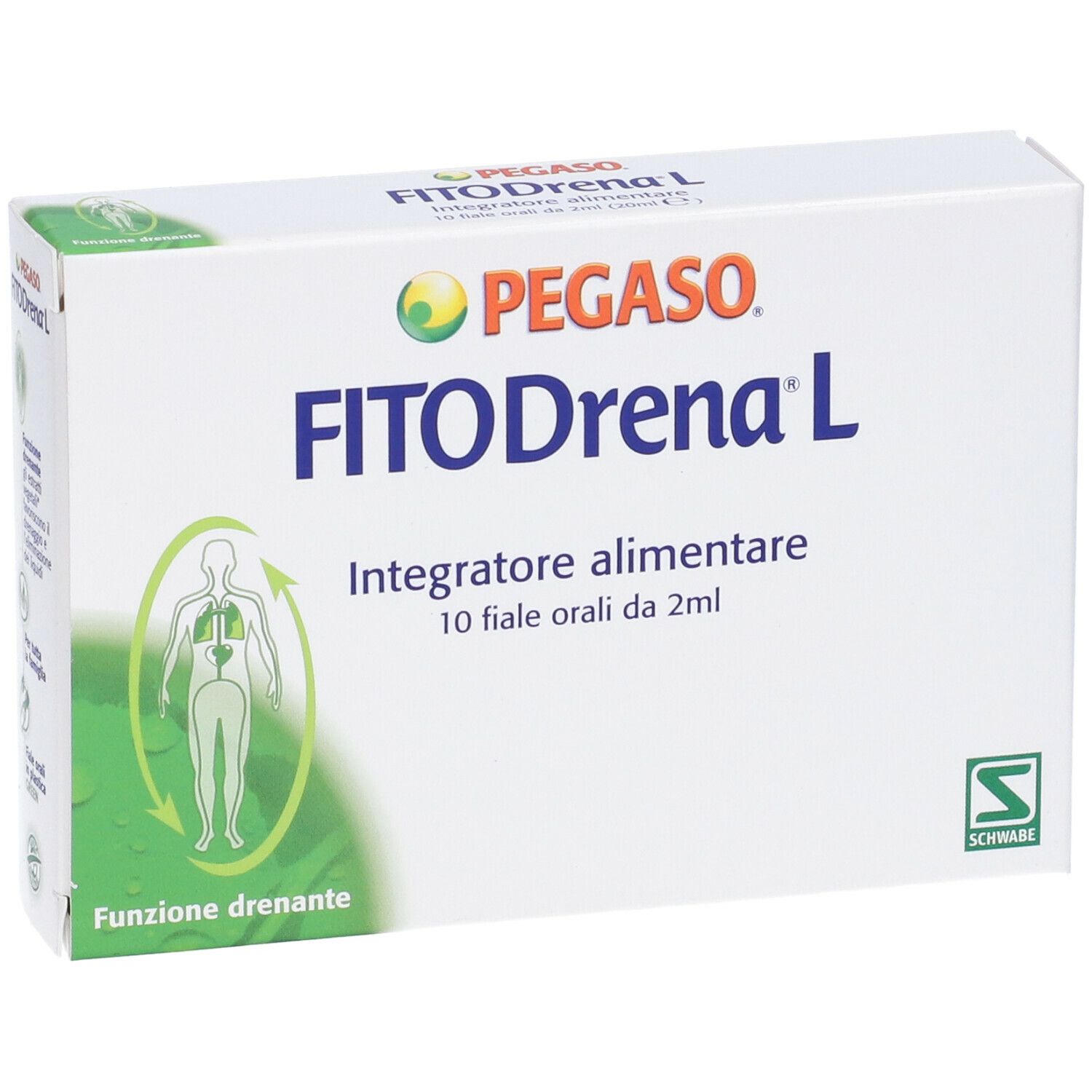 Scatola Pegaso FitoDrena L, integratore alimentare. 10 fiale da 2 ml. Bianco con logo, testo e accenti verdi.