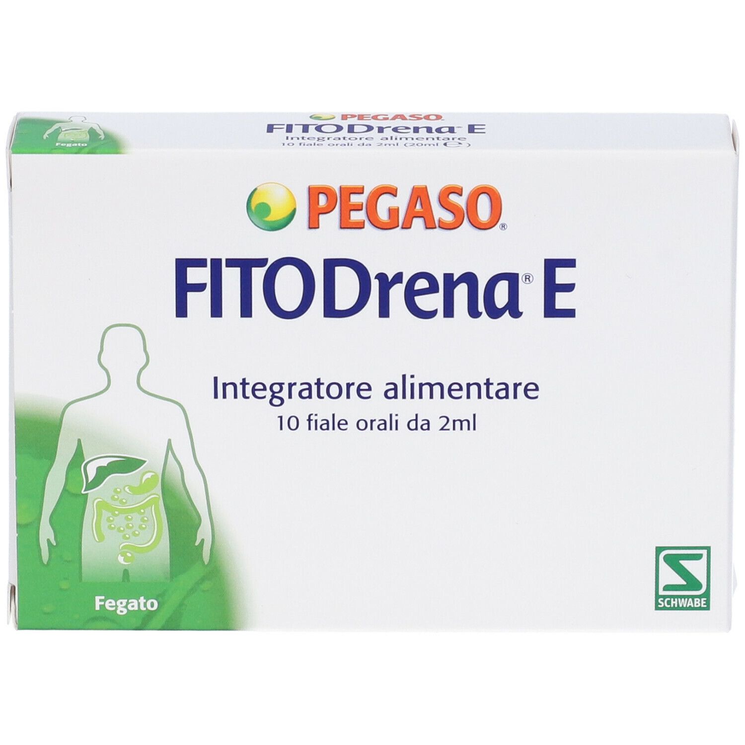 Scatola bianca con nome e logo del prodotto. Contiene 10 fiale orali. Scritta: Fegato (fegato).