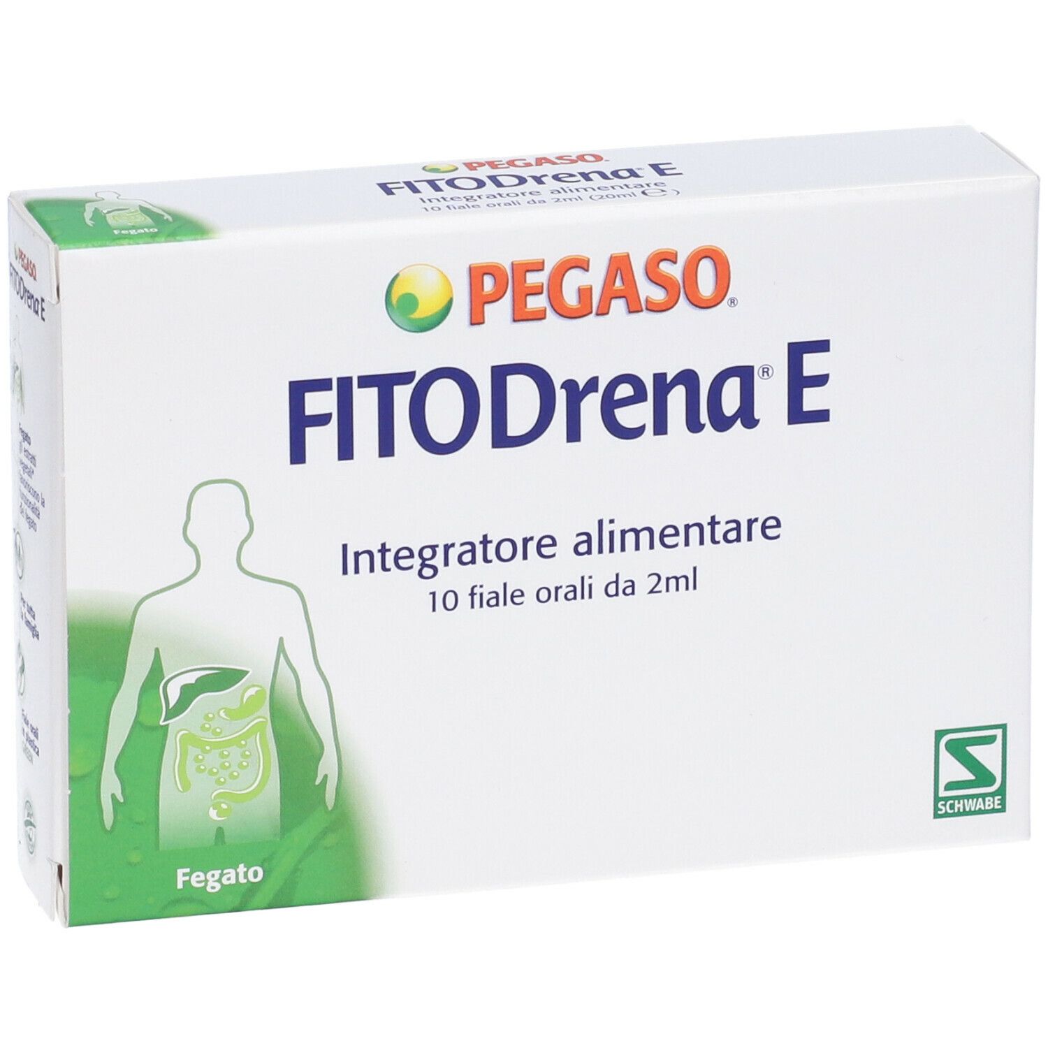 Scatola bianca con nome e logo del prodotto. Contiene 10 fiale orali. Scritta: Fegato (fegato).
