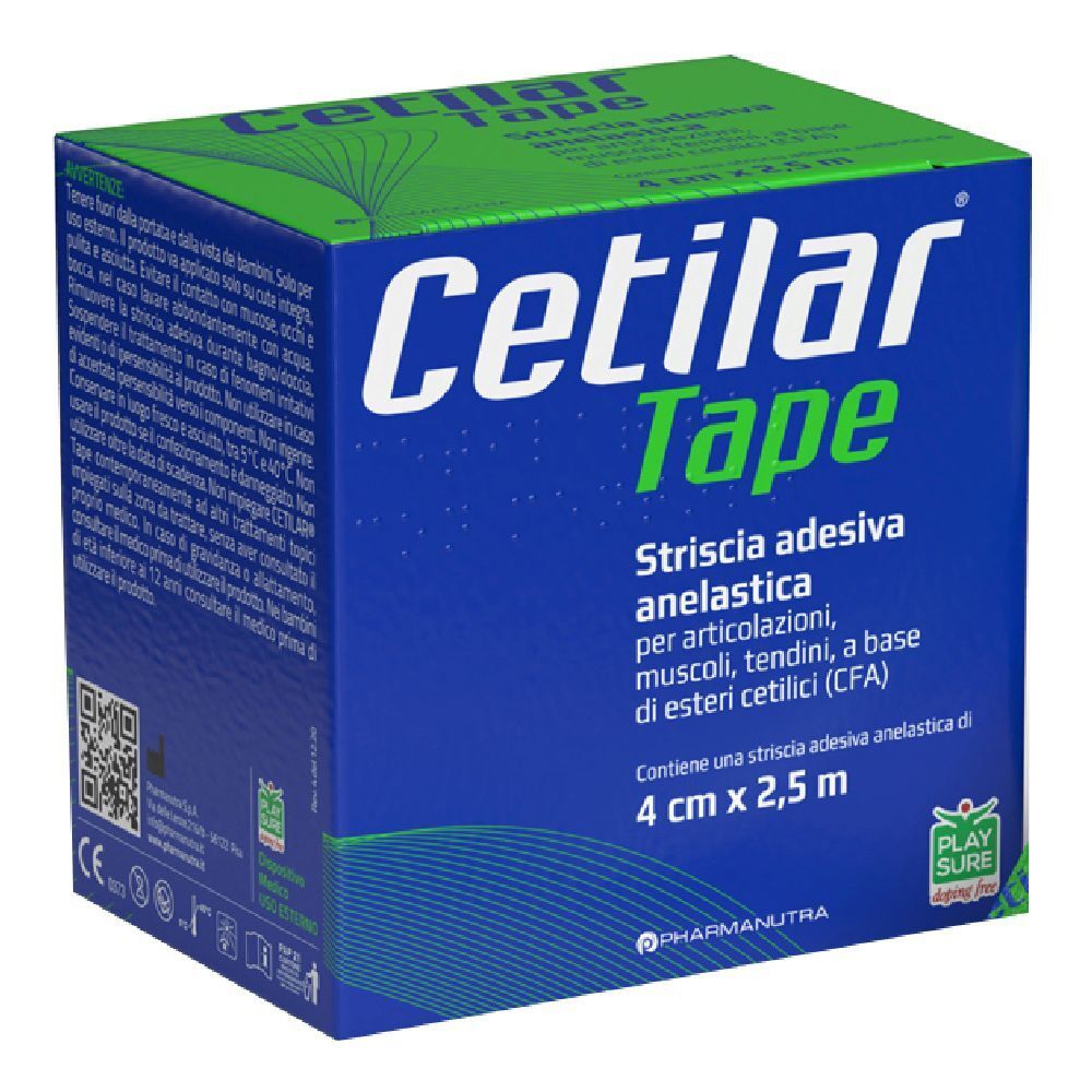 Scatola blu e verde con logo "Cetilar Tape" bianco. Testo: "Strisscia adesiva anelastica". Contiene una striscia adesiva elastica di 4 cm x 2,5 m.