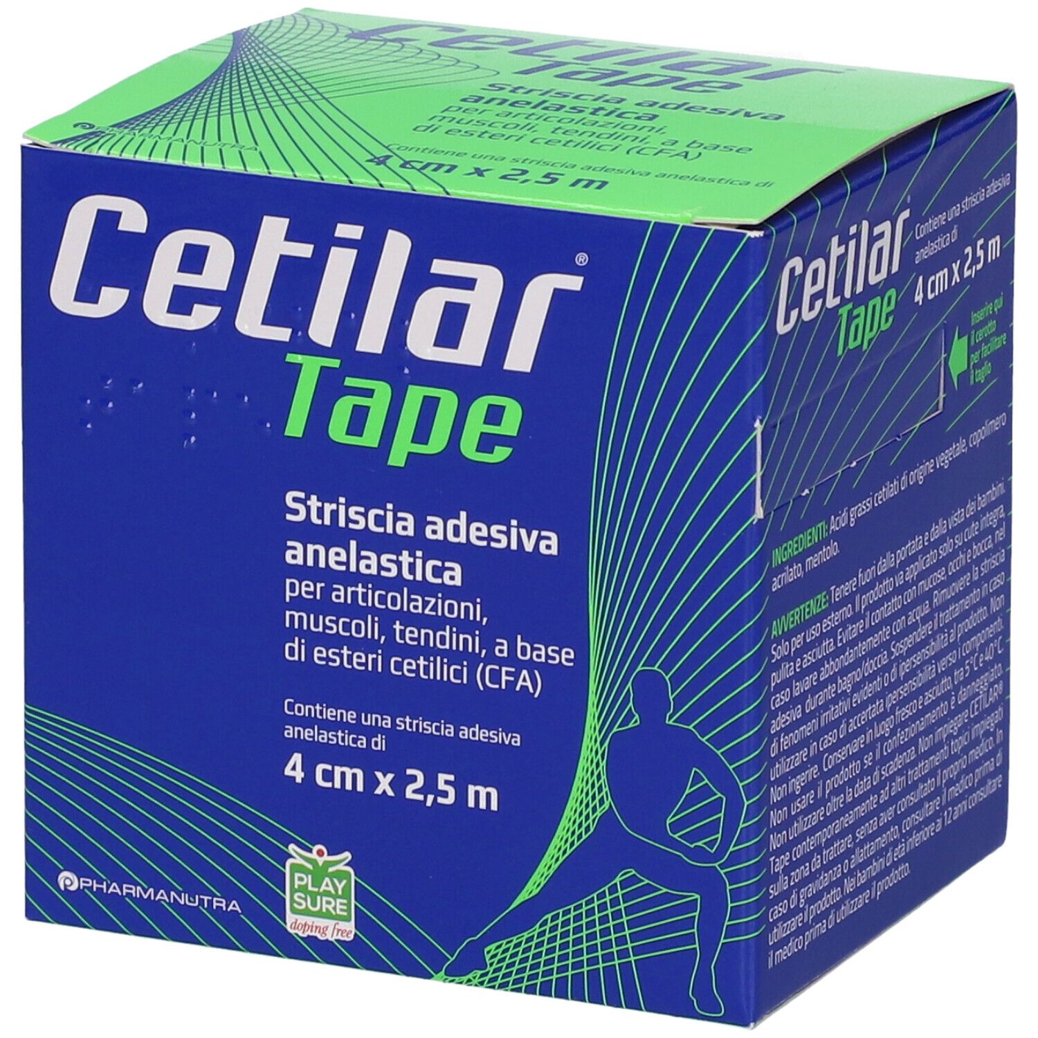 Scatola blu e verde con logo "Cetilar Tape". Testo: "Strisscia adesiva anelastica". Contiene una striscia adesiva elastica di 4 cm x 2,5 m. Illustrazione di un atleta.