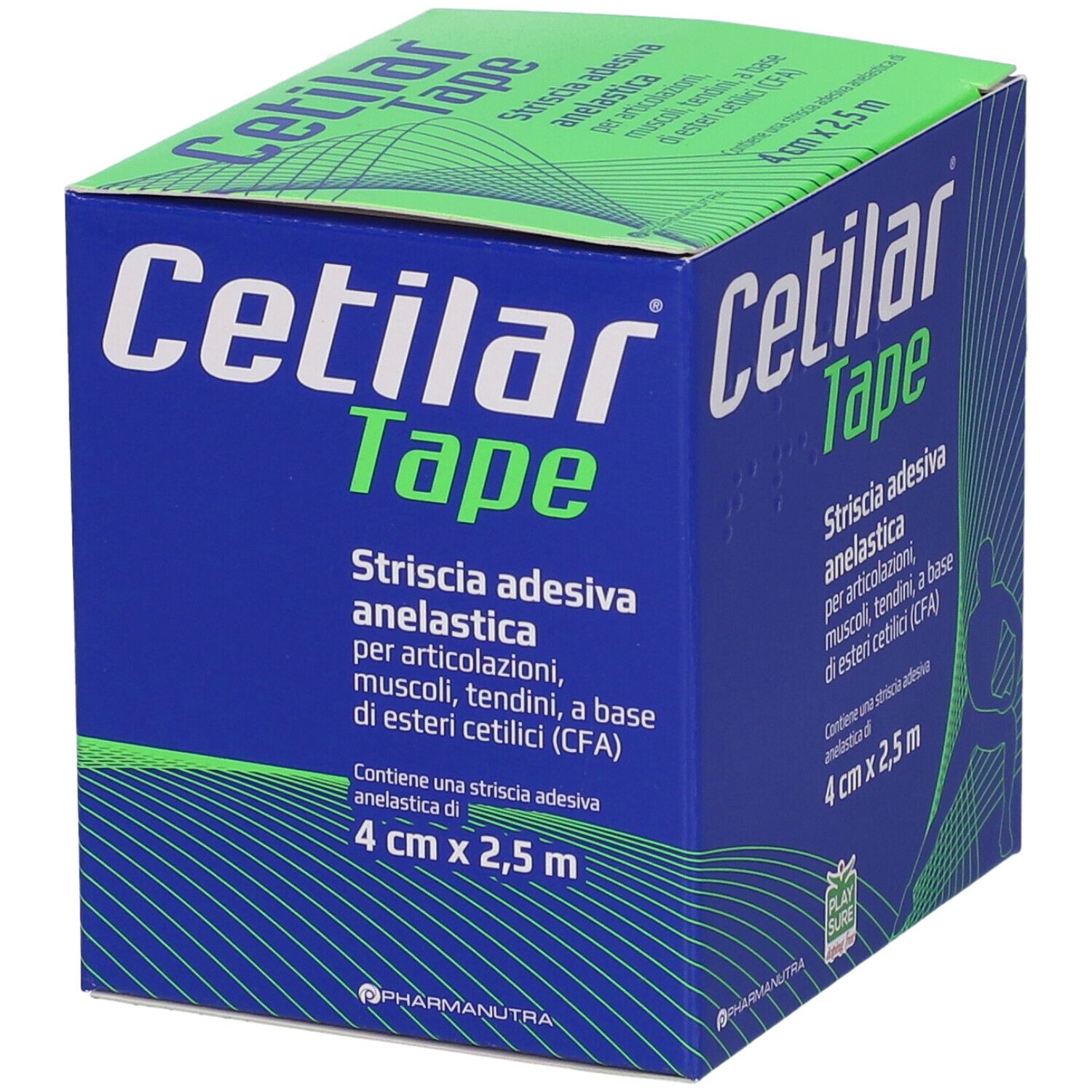 Scatola blu e verde con logo "Cetilar Tape". Testo: "Strisscia adesiva anelastica". Contiene una striscia adesiva elastica di 4 cm x 2,5 m.