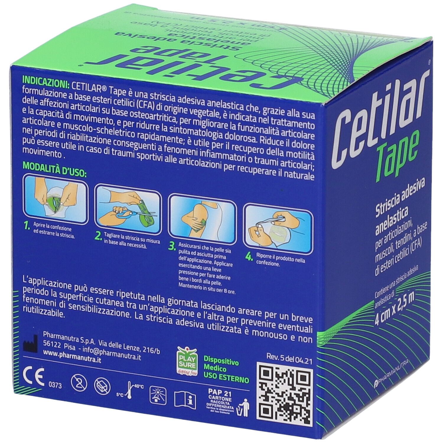 Retro della scatola "Cetilar Tape". Testo: istruzioni per l'uso e ingredienti. Illustrazioni applicazione. Marchio CE.