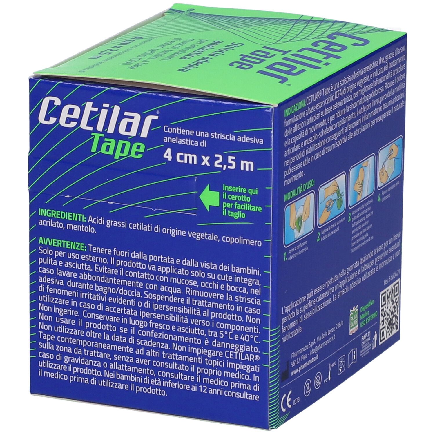 Scatola "Cetilar Tape" con testo e illustrazioni. Contiene una striscia adesiva elastica di 4 cm x 2,5 m. Ingredienti e istruzioni per l'uso.