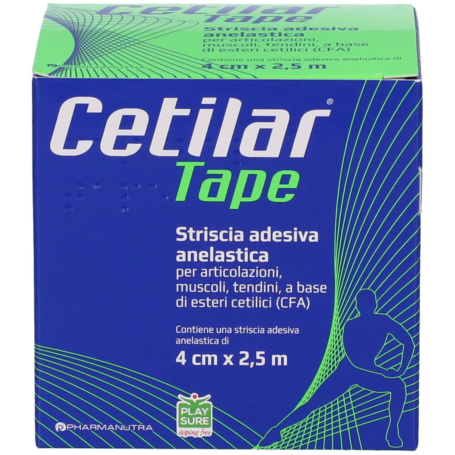 Scatola blu e verde con logo "Cetilar Tape". Testo: "Strisscia adesiva anelastica". Contiene una striscia adesiva elastica di 4 cm x 2,5 m. Illustrazione di un atleta.
