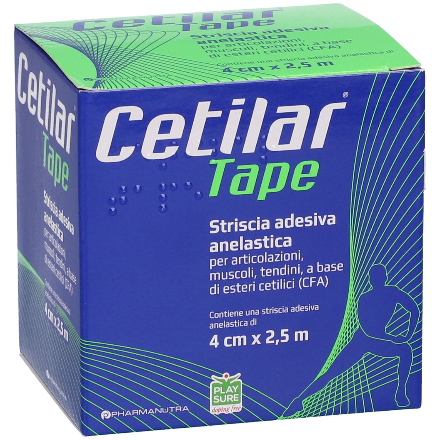 Scatola blu e verde con logo "Cetilar Tape". Testo: "Strisscia adesiva anelastica". Contiene una striscia adesiva elastica di 4 cm x 2,5 m. Illustrazione di un atleta.