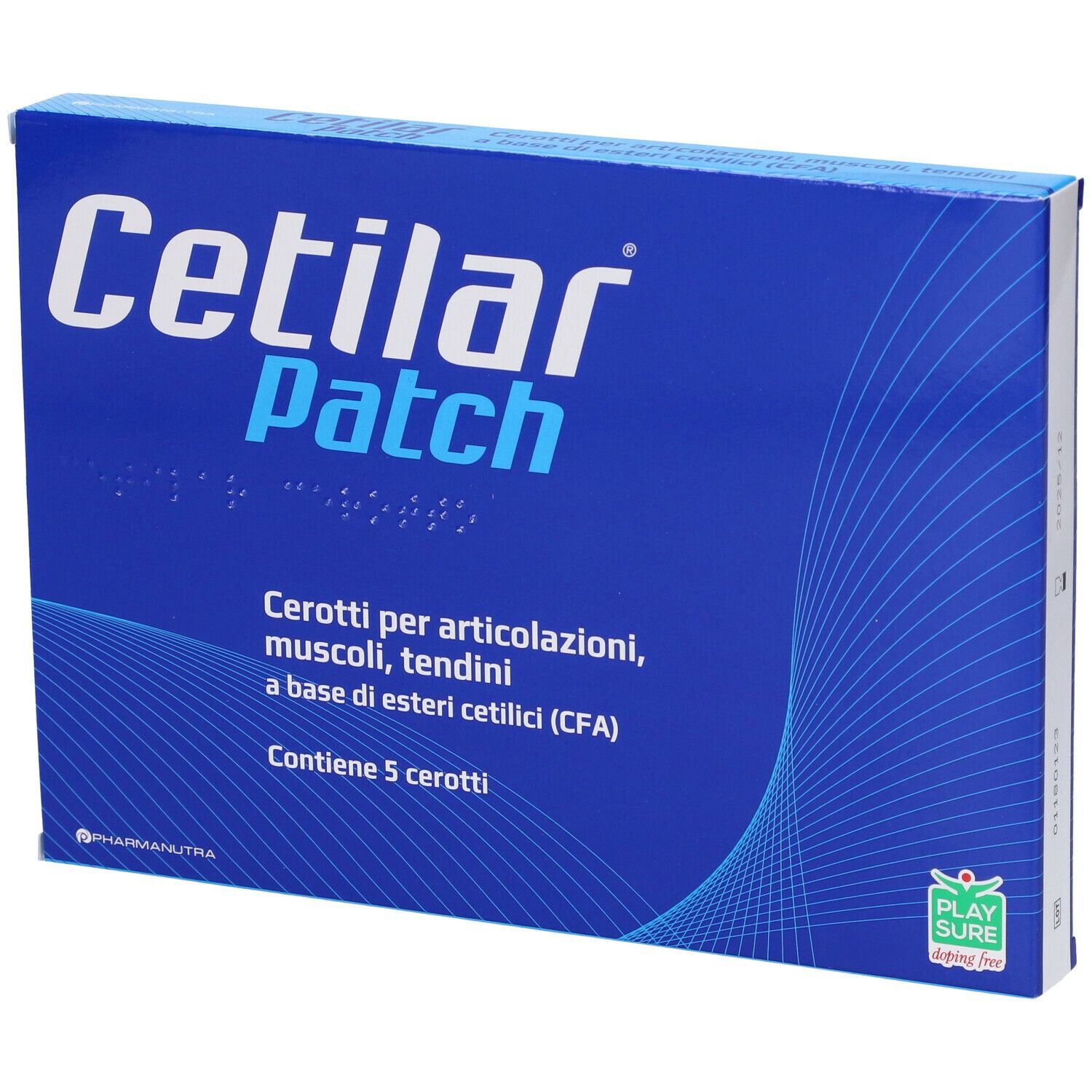 Scatola blu con logo "Cetilar Patch" bianco. Contiene 5 cerotti. Testo in italiano.