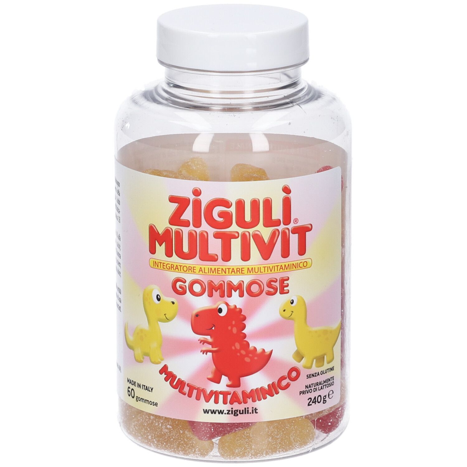 Zigulì Multivit Gommose: Flasche mit 60 Multivitamin-Gummibärchen in Dino-Form, 240g.