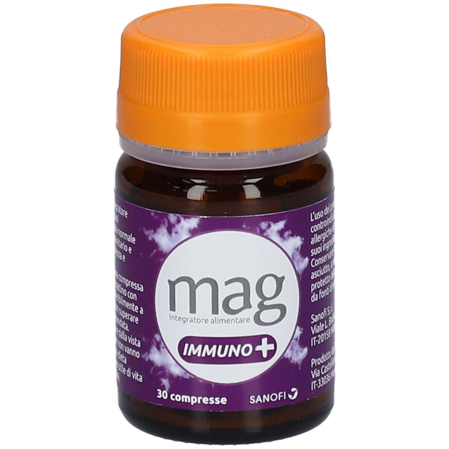 Flacone marrone, tappo arancione. Contiene 30 compresse. "mag Immuno+".