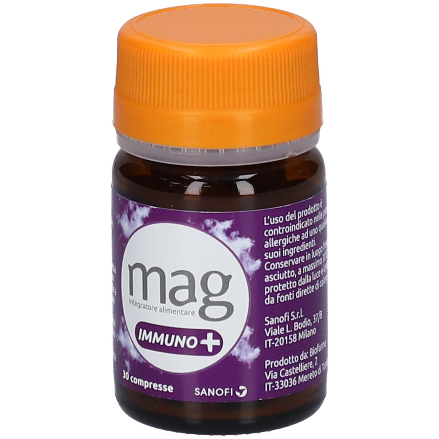 Flacone marrone, tappo arancione. "mag Immuno+", 30 compresse.