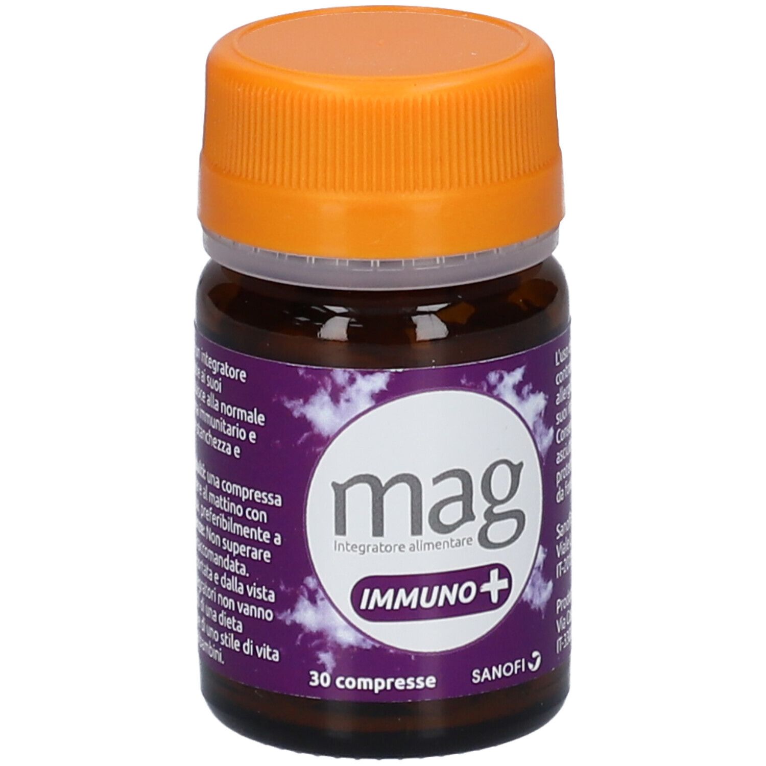Flacone marrone, tappo arancione. "mag Immuno+", 30 compresse.