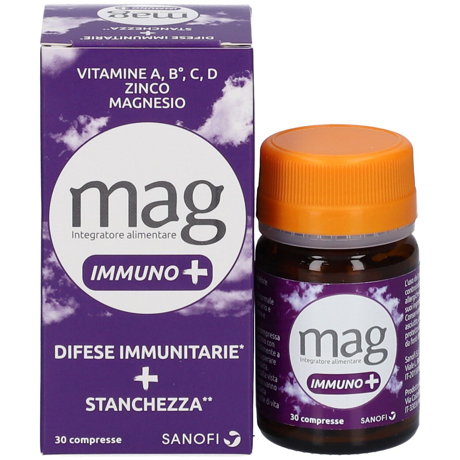 Confezione e flacone. "mag Immuno+", 30 compresse. Contiene anche magnesio.