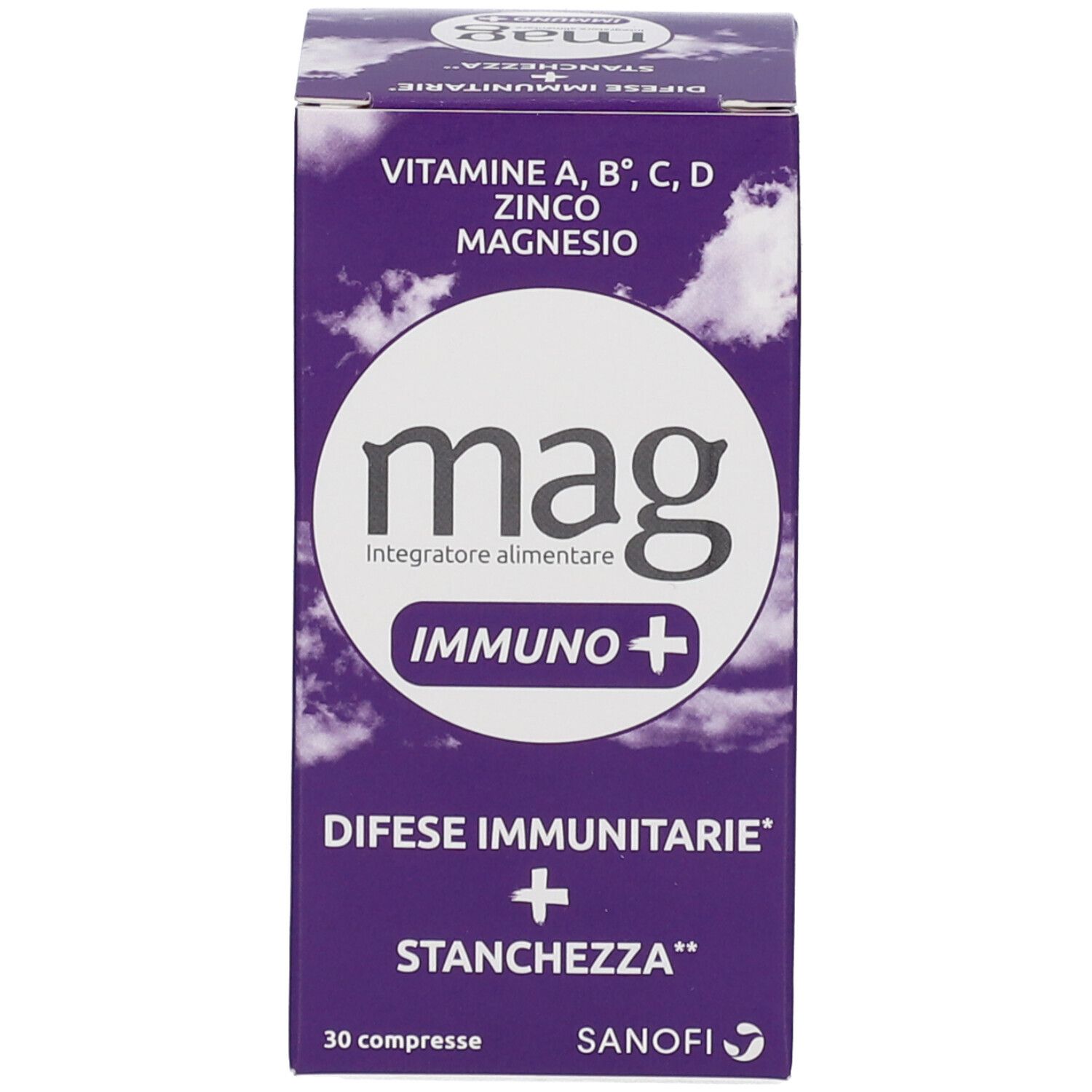 Scatola viola "mag Immuno+". Contiene 30 compresse. Aiuta anche contro la stanchezza.