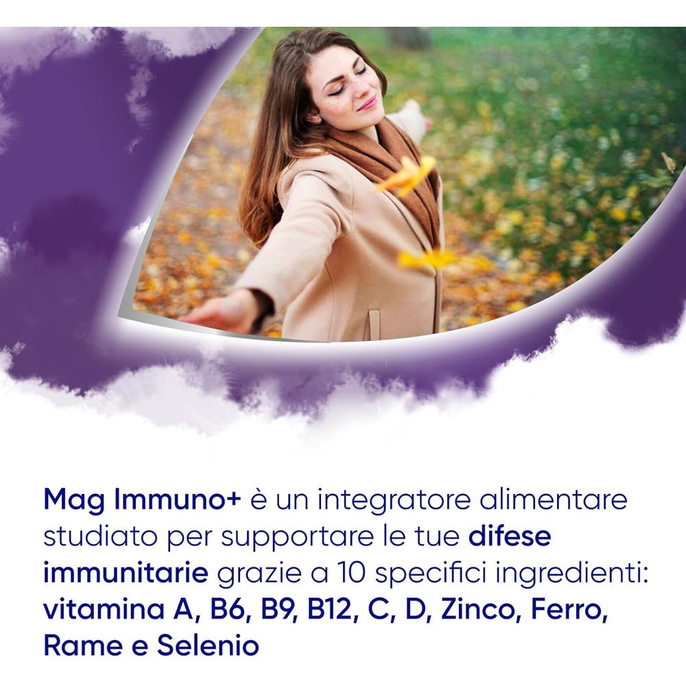 Donna all'aperto, braccia aperte. Testo: "Mag Immuno+ è un integratore alimentare..."