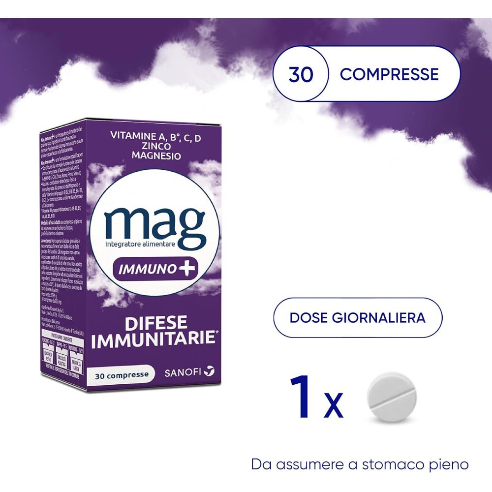 Confezione e compressa. Testo: "30 compresse". "Dose giornaliera: 1".