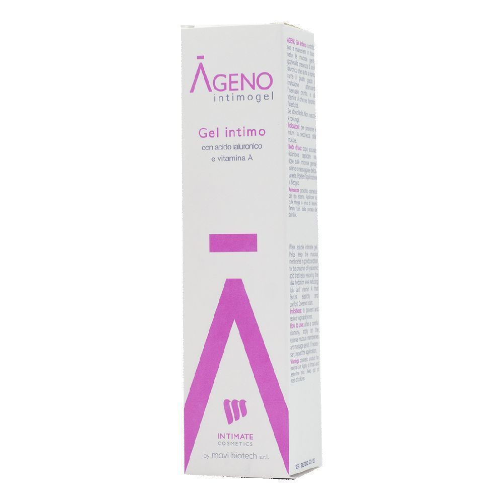 Scatola bianca con dettagli rosa. Testo: Ageno intimogel, Gel intimo. Logo: Intimate Cosmetics.