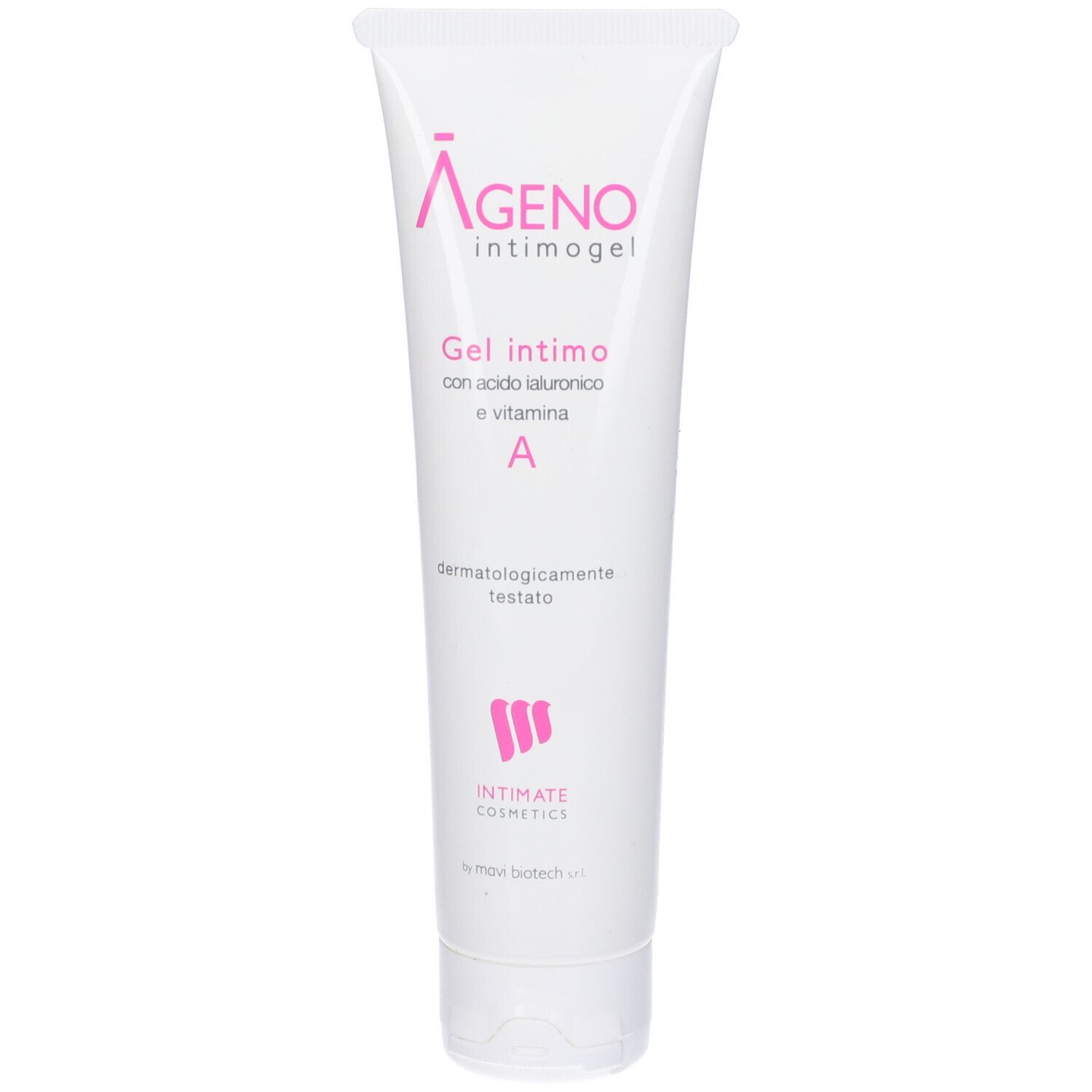Tubo bianco con testo rosa. Testo: Ageno intimogel, Gel intimo. Logo: Intimate Cosmetics. Dermatologicamente testato.