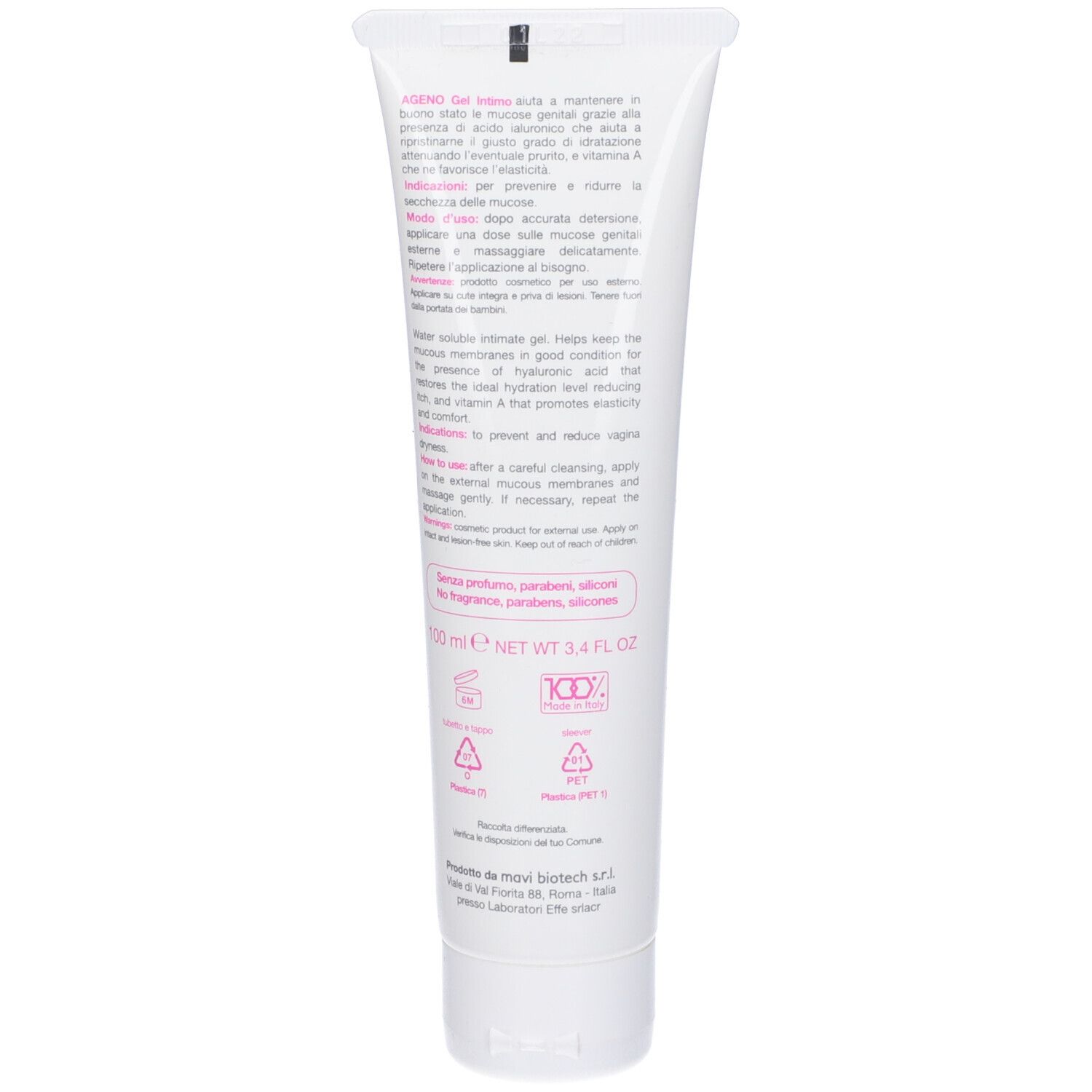 Retro del tubo bianco. Testo: Ingredienti, 100 ml, dermatologicamente testato. Loghi: Riciclo, PEFC. Senza profumo, siliconi.