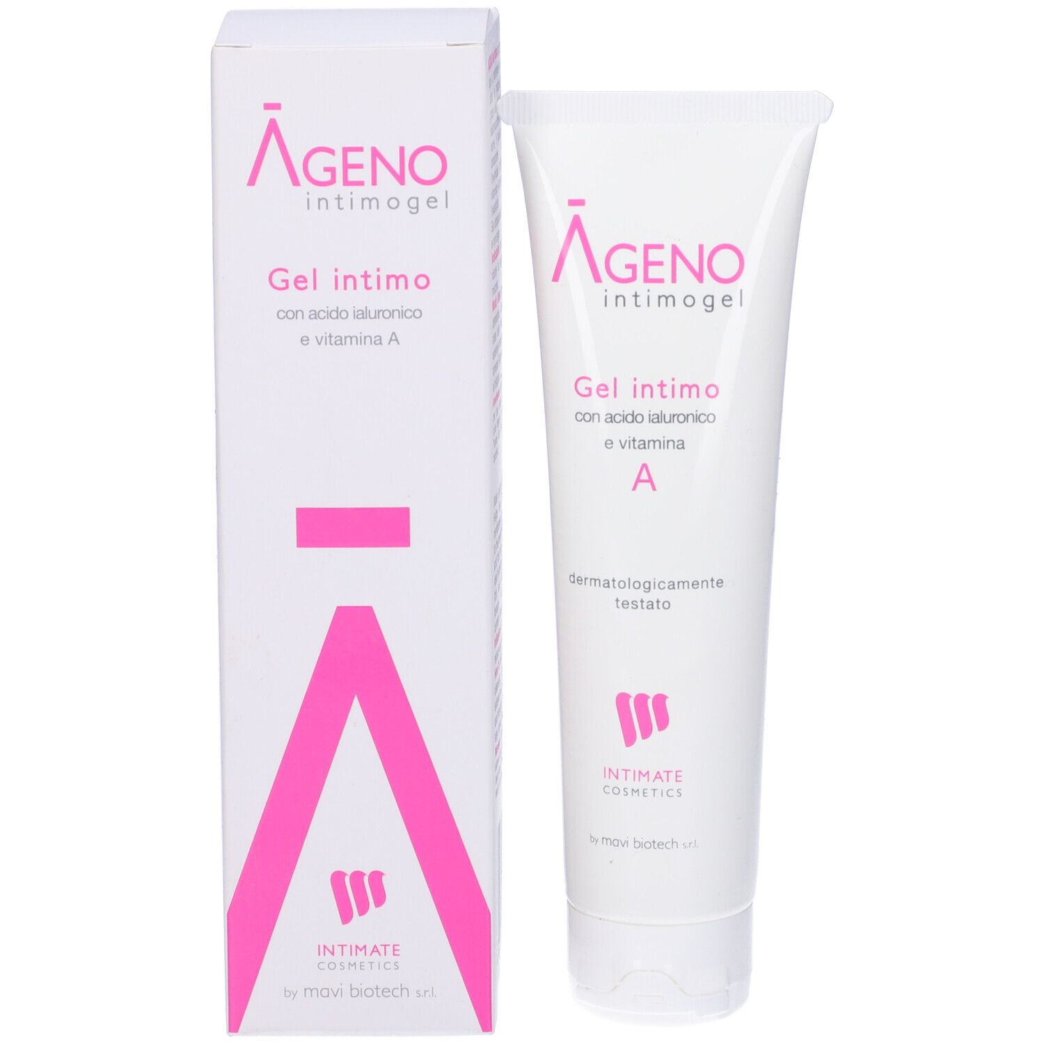 Confezione del prodotto: tubo e scatola. Testo: Ageno intimogel, Gel intimo. Logo: Intimate Cosmetics. Dermatologicamente testato.
