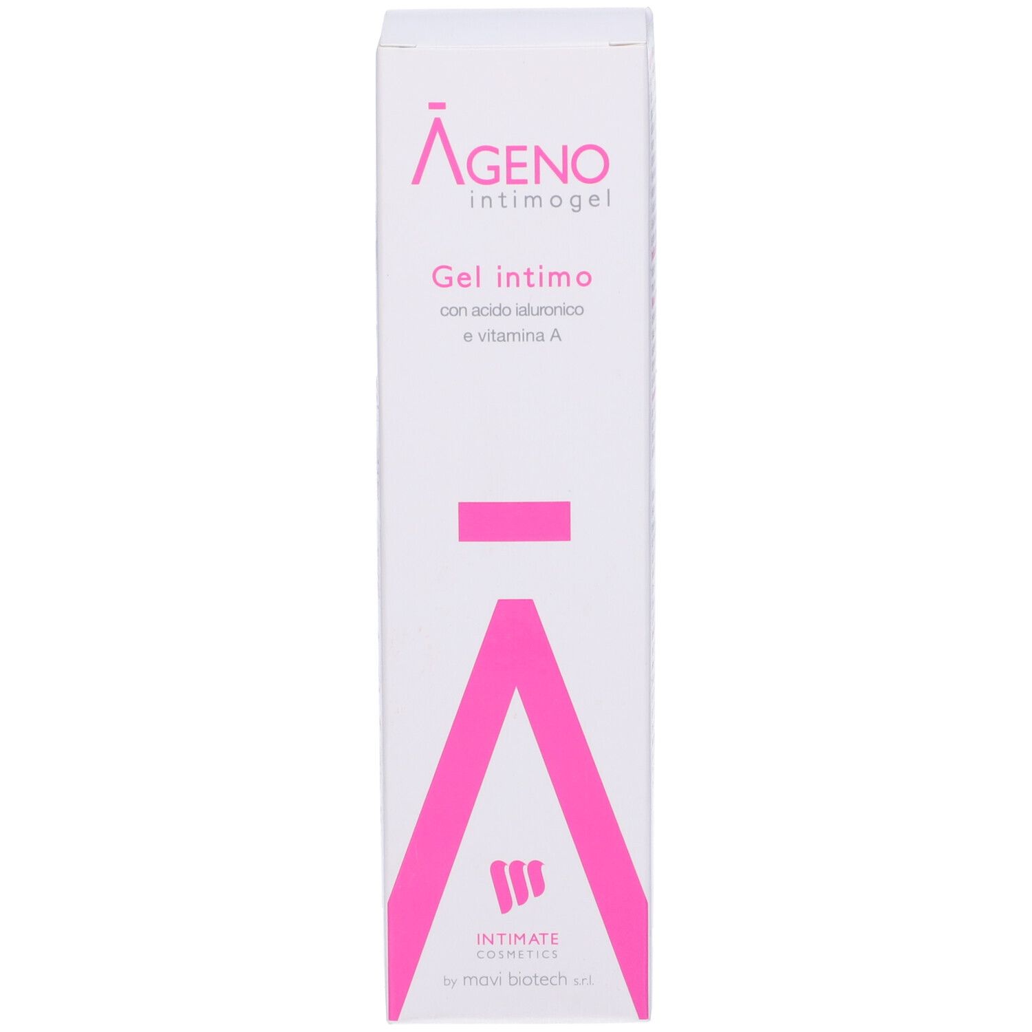 Scatola bianca con dettagli rosa. Testo: Ageno intimogel, Gel intimo. Logo: Intimate Cosmetics.
