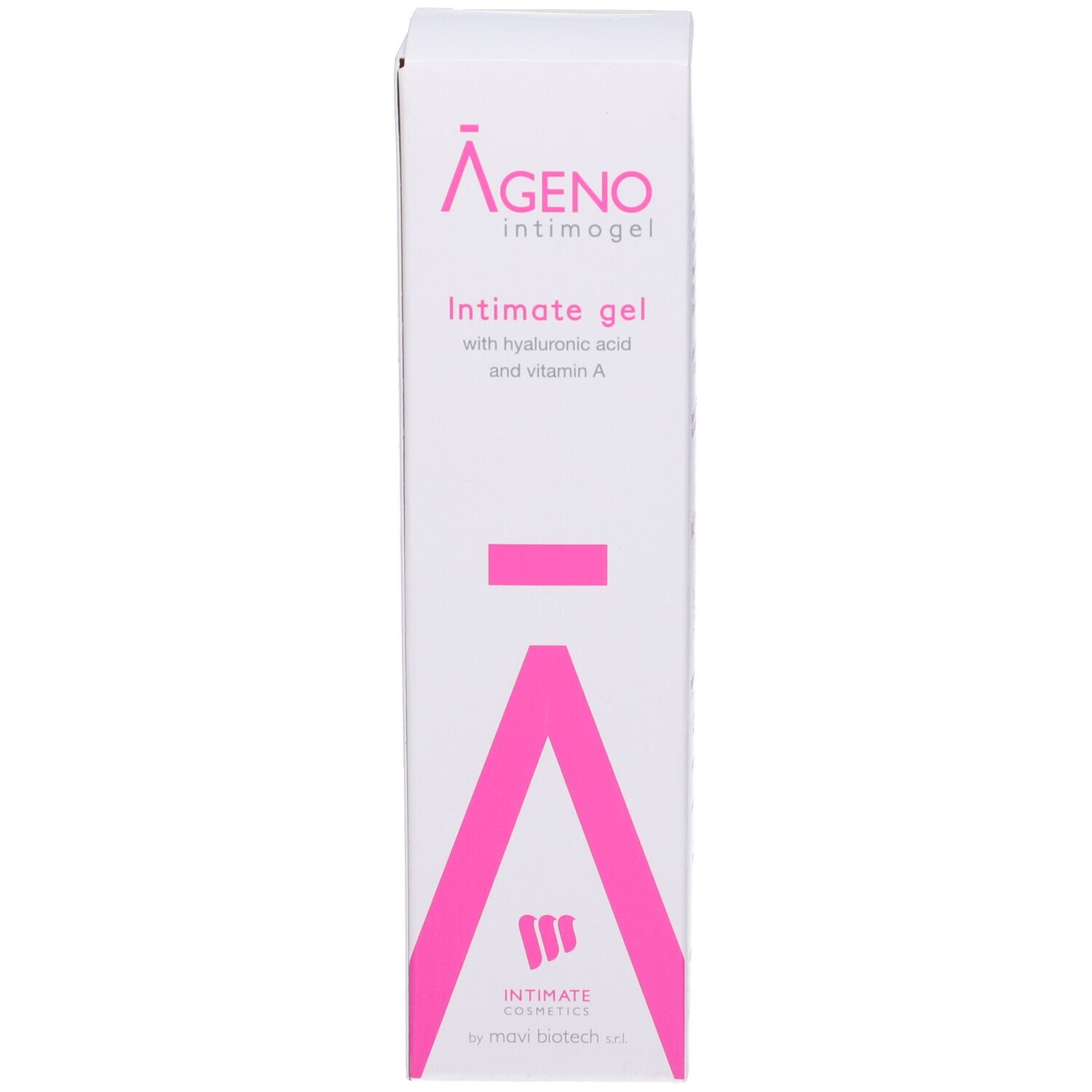 Scatola bianca con dettagli rosa. Testo: Ageno intimogel. Logo: Intimate Cosmetics.