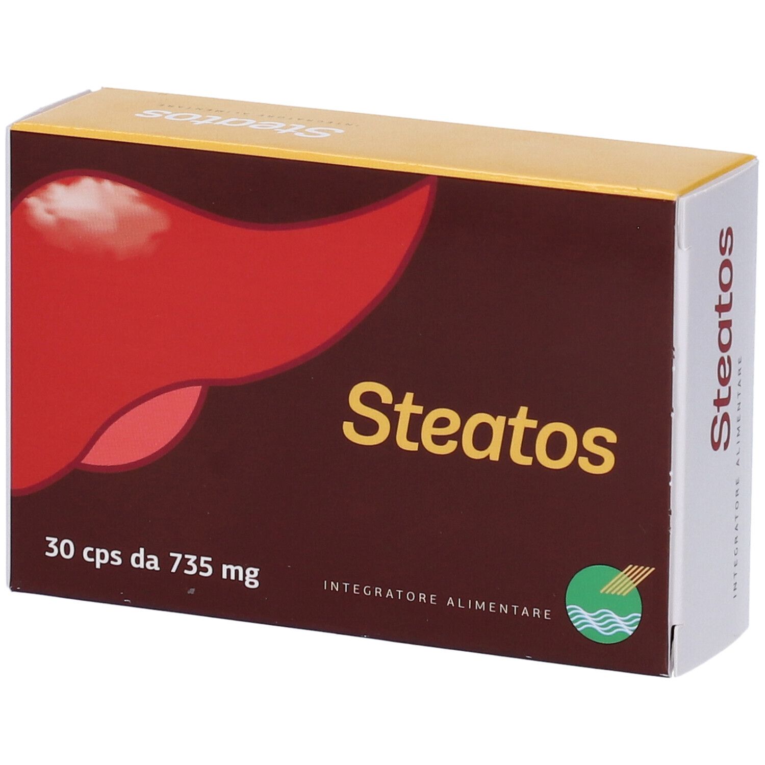 Scatola marrone con design di fegato rosso e scritta "Steatos" gialla. Contiene 30 capsule.