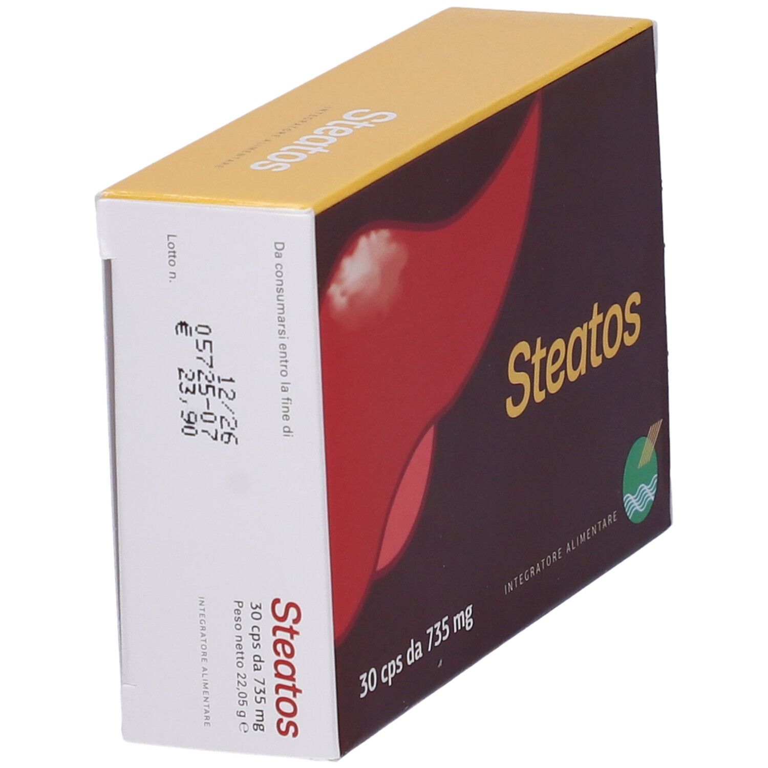 Scatola con scritta "Steatos", vista laterale. Contiene 30 capsule. Data di scadenza e prezzo.