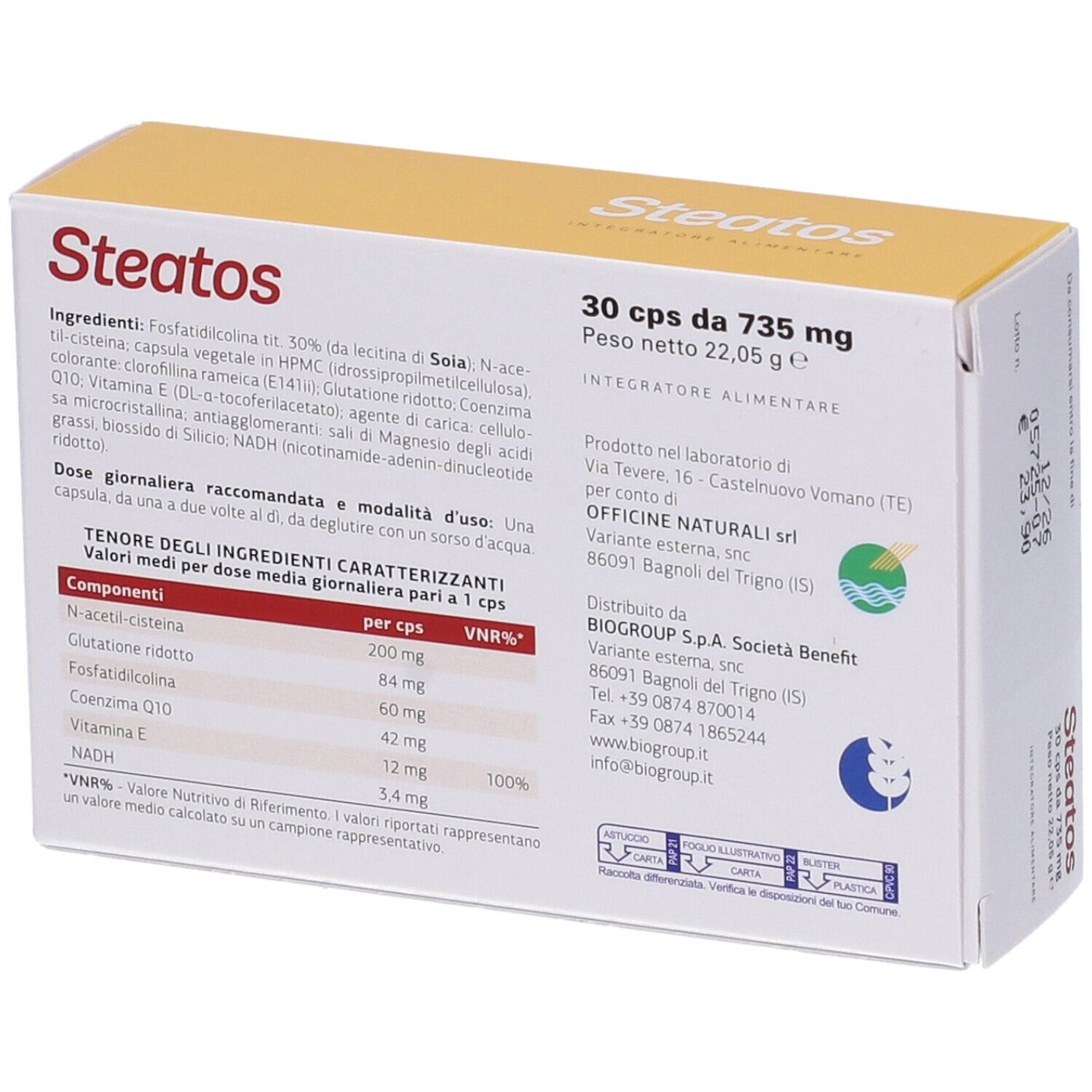 Scatola con scritta "Steatos", dettaglio ingredienti e informazioni nutrizionali. 30 capsule.
