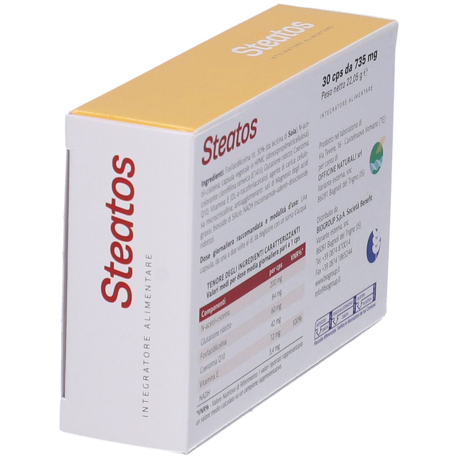 Scatola con scritta "Steatos", dettaglio ingredienti e informazioni nutrizionali. 30 capsule.