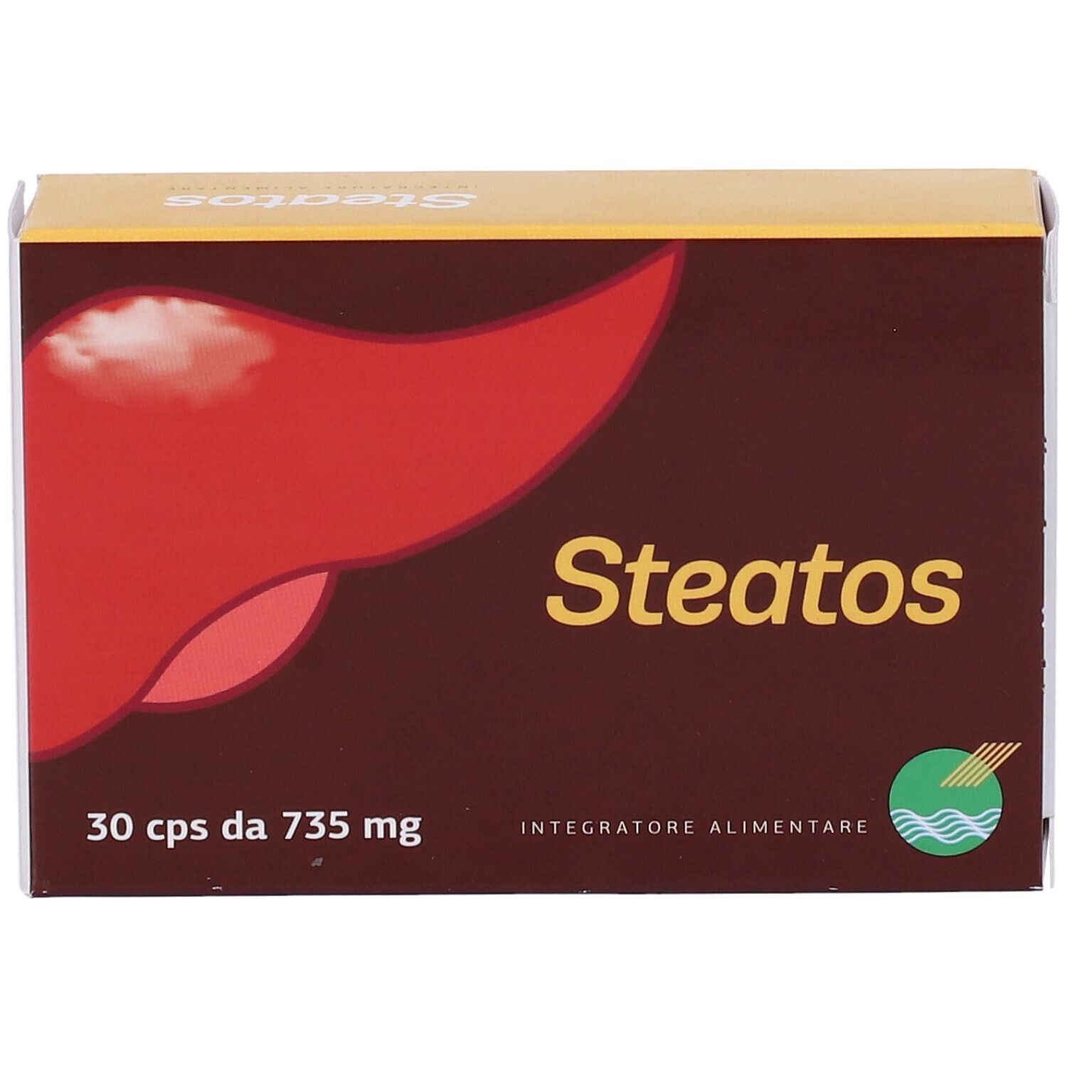 Scatola marrone con design di fegato rosso e scritta "Steatos" gialla. Contiene 30 capsule.