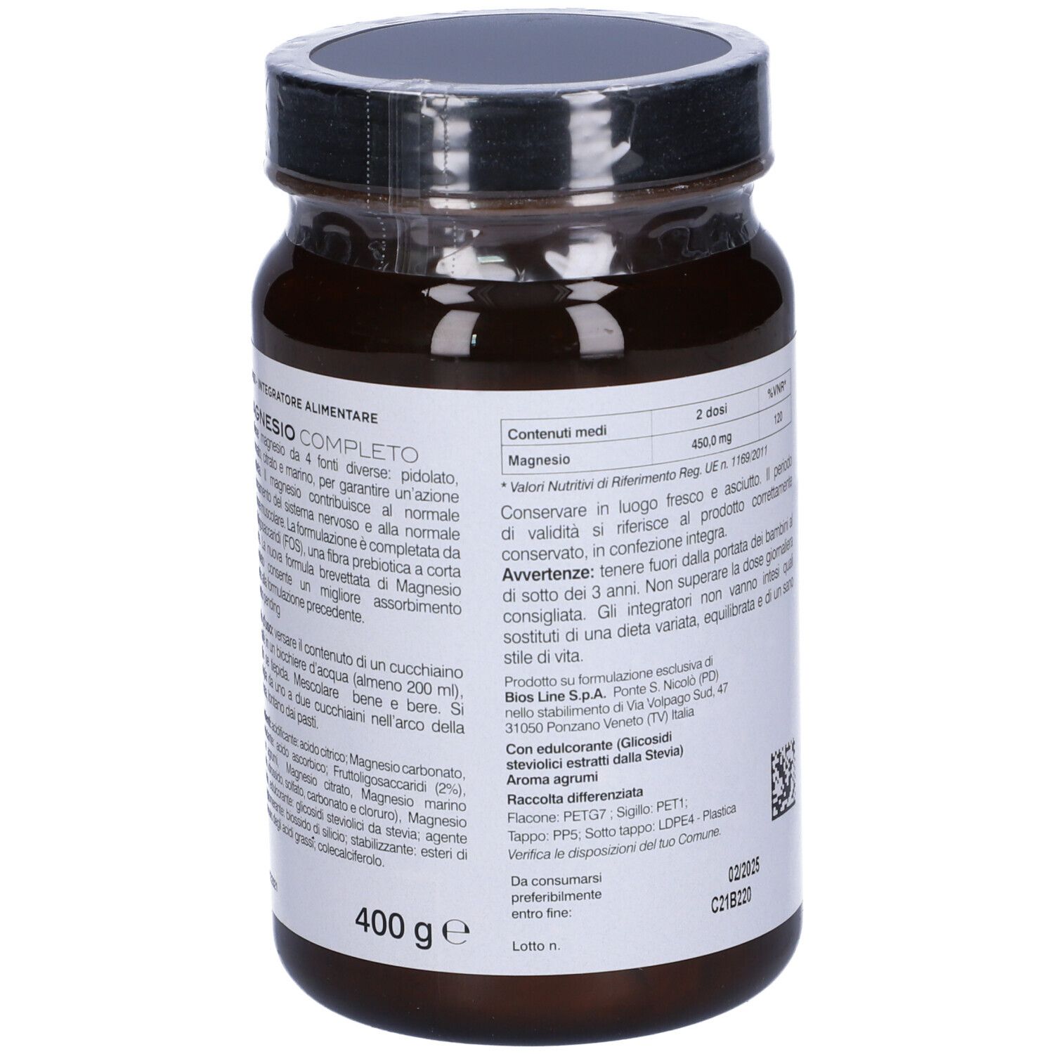 Retro del barattolo di vetro marrone. Etichetta con informazioni nutrizionali, ingredienti e avvertenze. 400g.