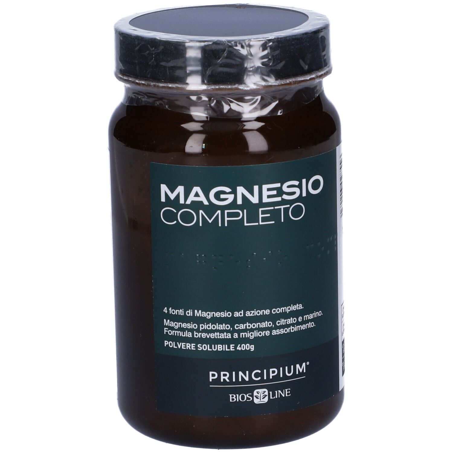 Barattolo di vetro marrone con coperchio. Scritta: Magnesio Completo. Marchio: Principium, Bios Line. Polvere, 400g.