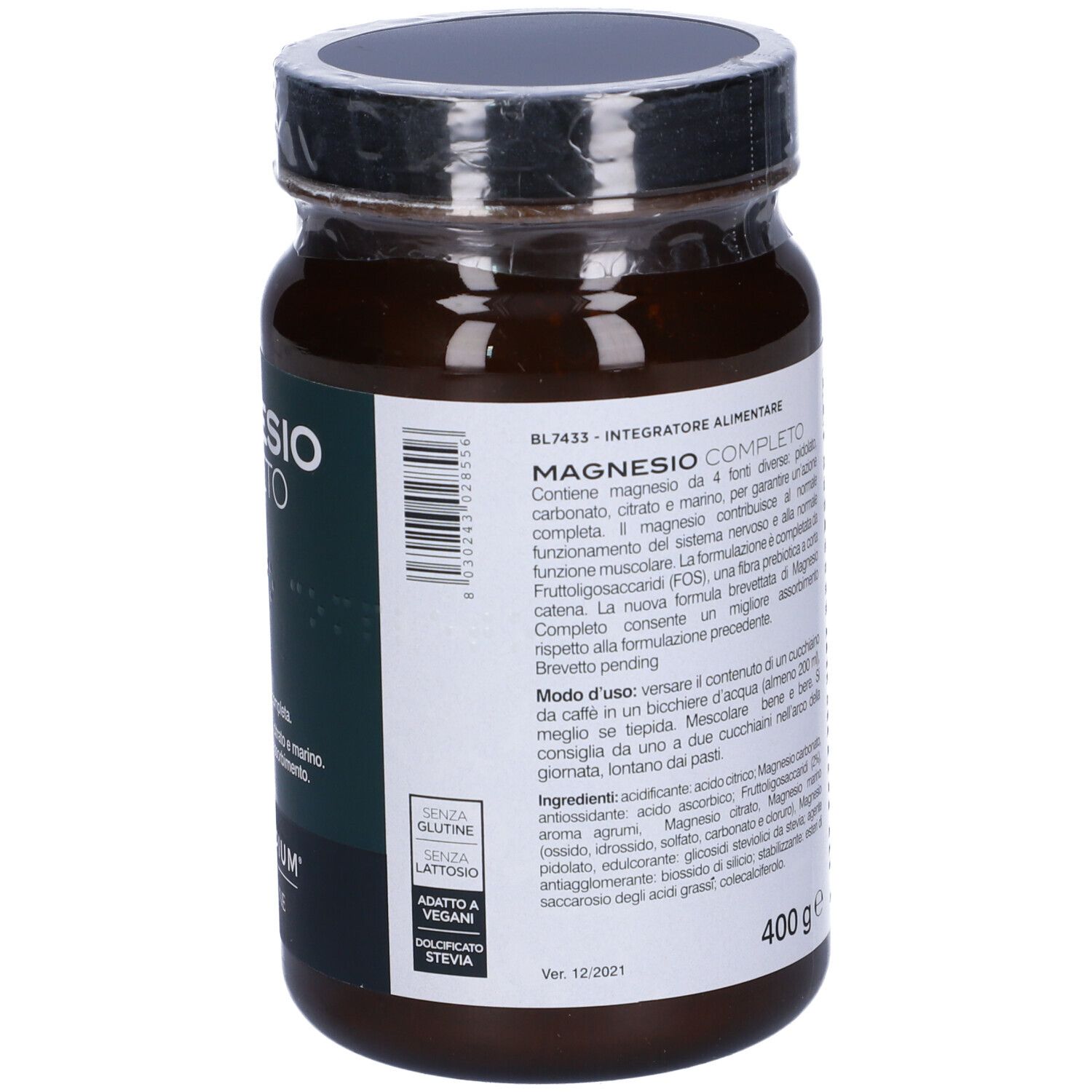 Retro del barattolo di vetro marrone. Etichetta con ingredienti, istruzioni per l'uso e avvertenze. 400g.
