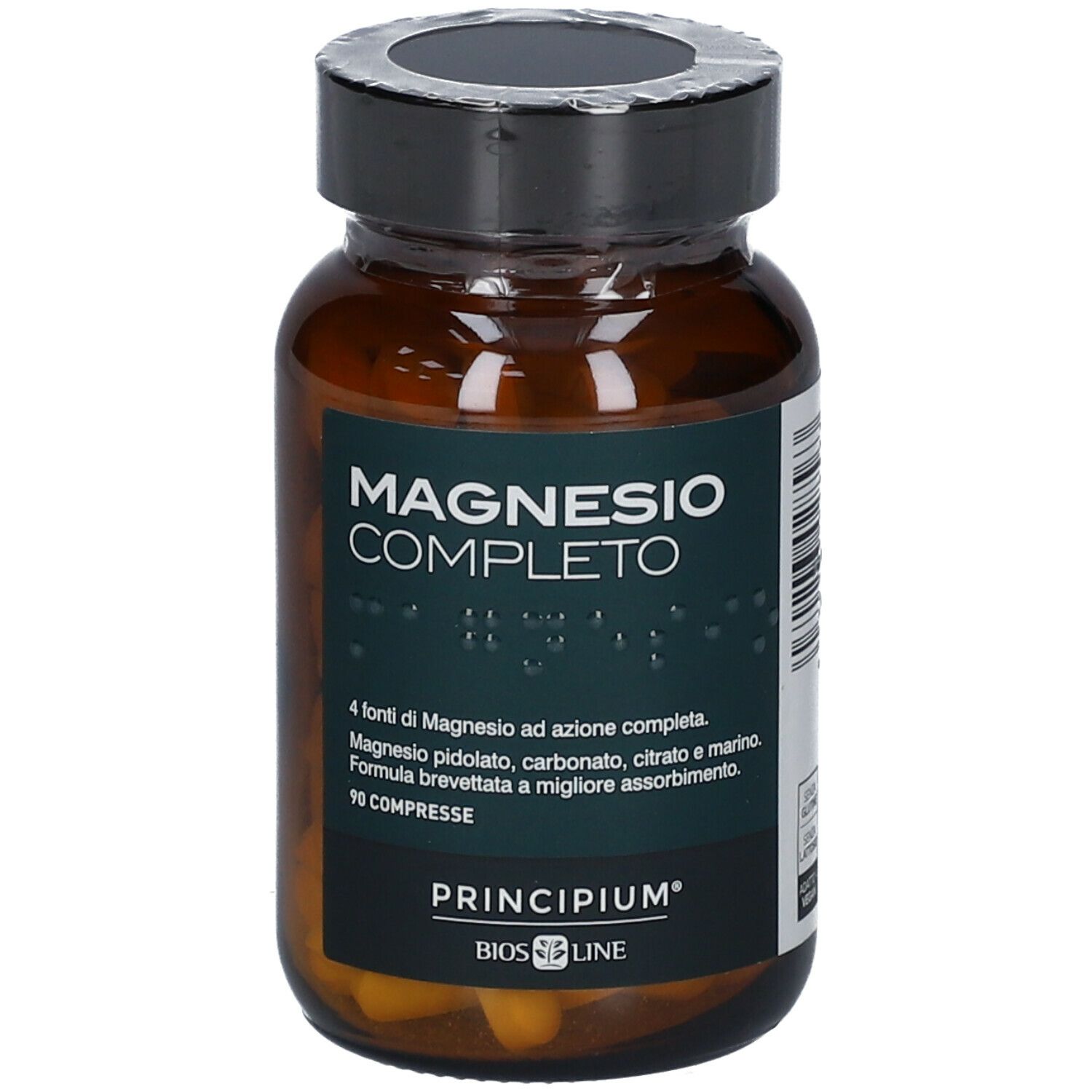 Flacone di vetro marrone con tappo nero. Scritta: MAGNESIO COMPLETO. Marchio: BIOS LINE Principium. 90 compresse.