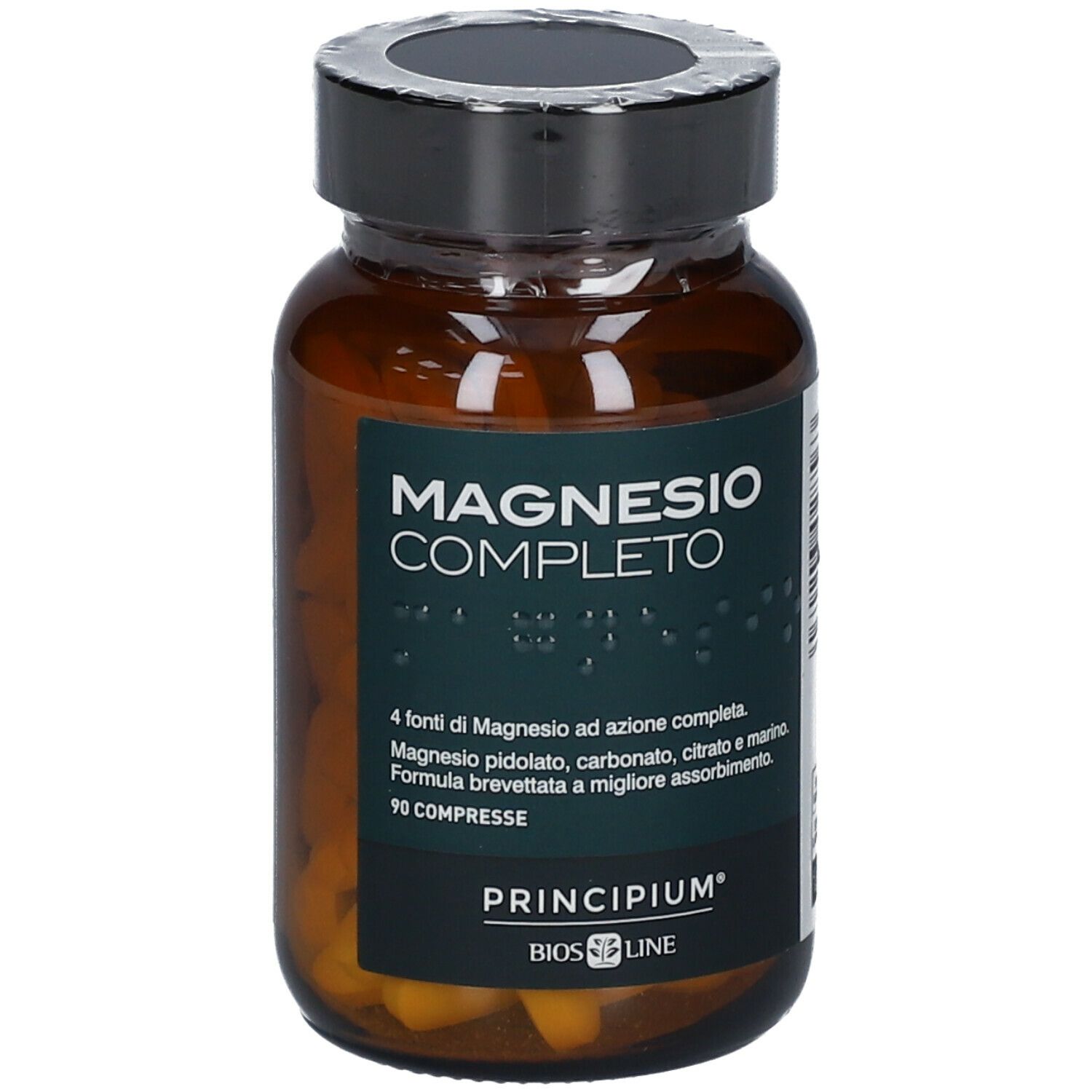 Flacone di vetro marrone con tappo nero. Scritta: MAGNESIO COMPLETO. Marchio: BIOS LINE Principium. 90 compresse.