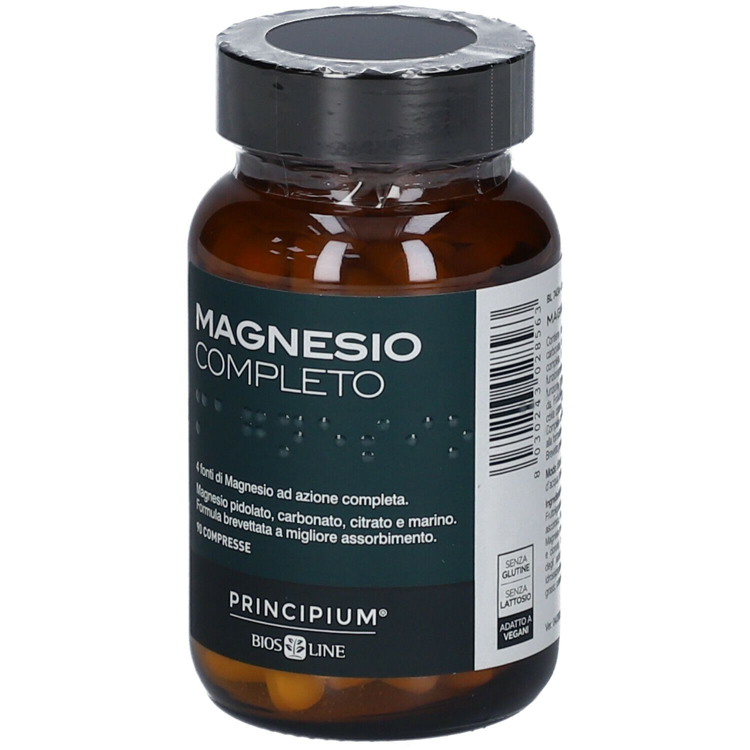 Flacone di vetro marrone con tappo nero. Scritta: MAGNESIO COMPLETO. Marchio: BIOS LINE Principium. 90 compresse.